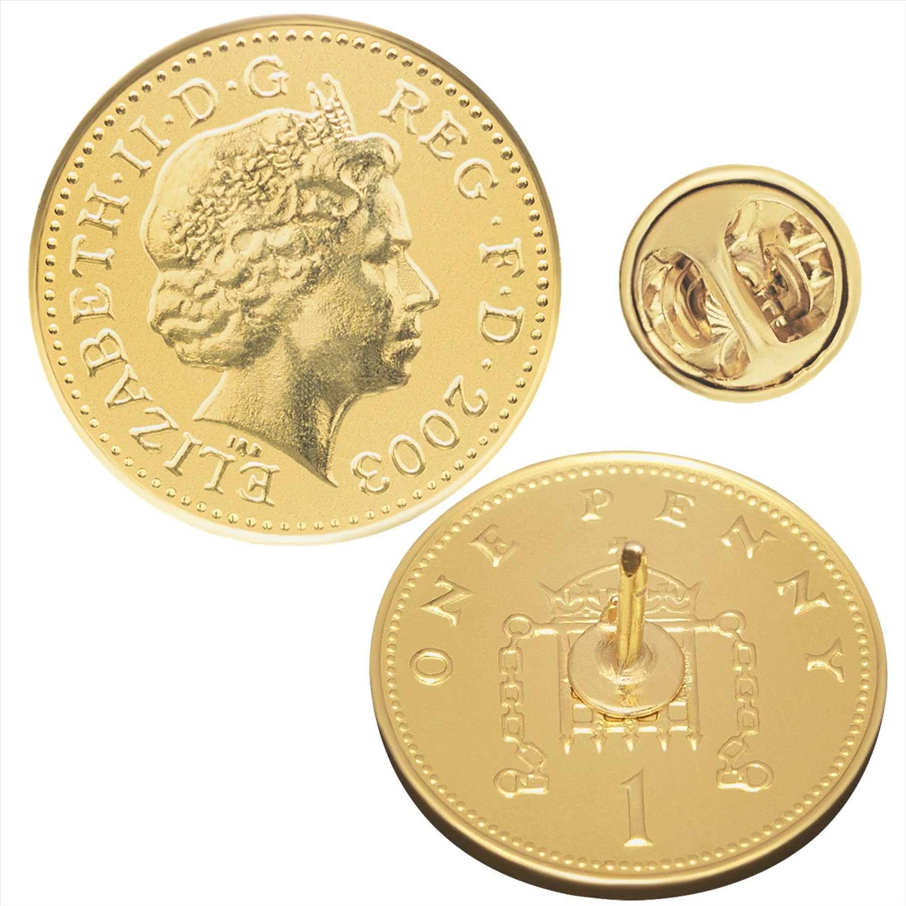British Coin Pin Brooch Badge | Vintage Collectible Jewelry | 18K Gold Plated One 1 Penny | Queen Elizabeth II