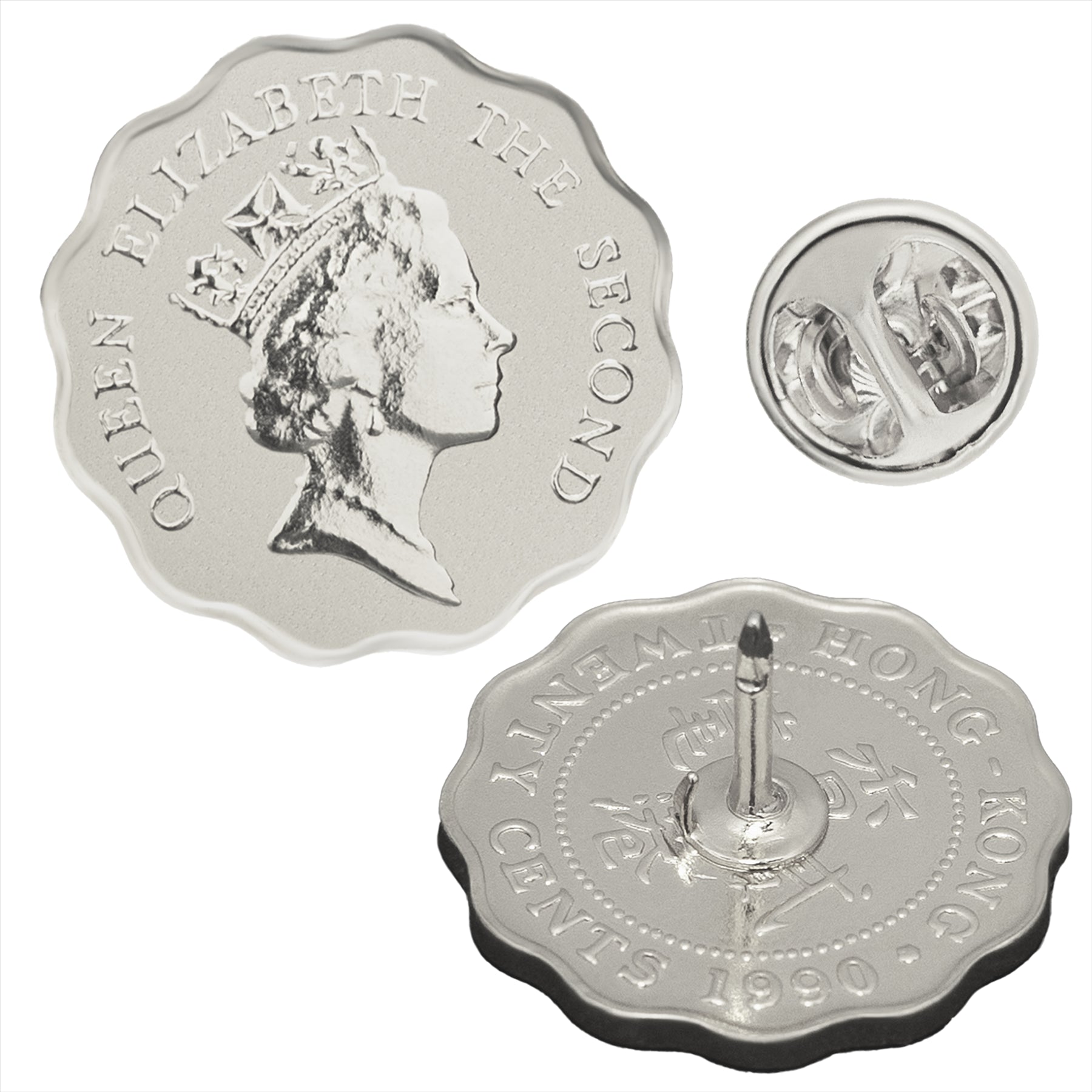 Broche et épinglette en forme de pièce de monnaie de Hong Kong | Bijoux vintage de collection | Pièce de 20 cents plaquée nickel | Reine Élisabeth II