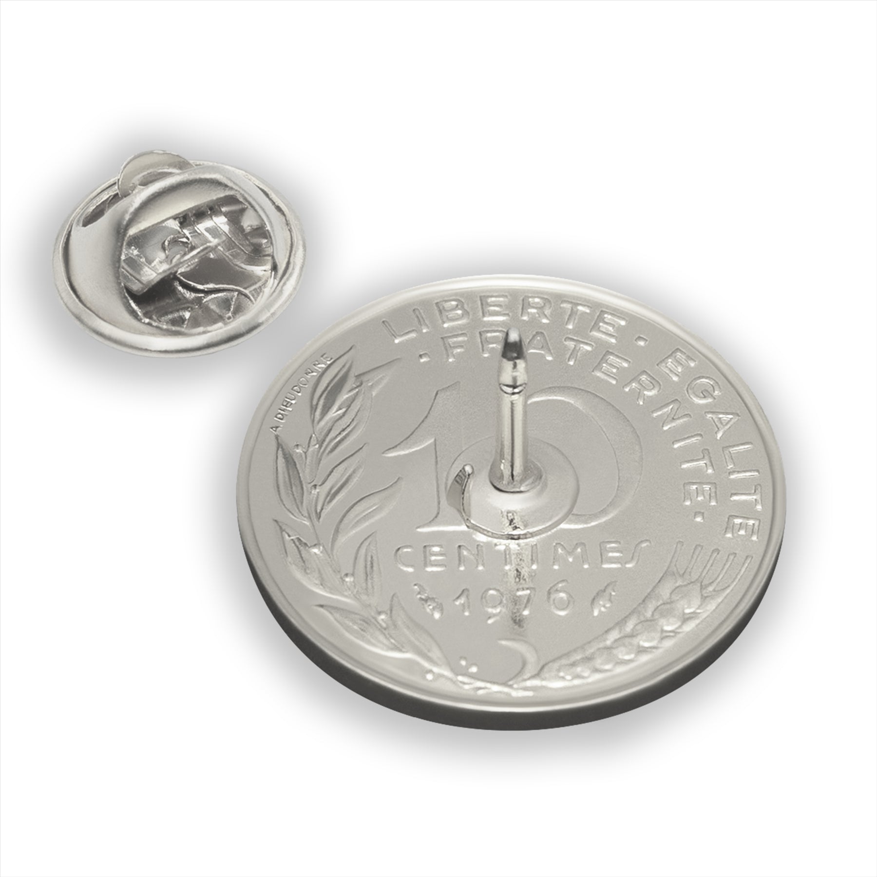 Broche pièce de monnaie française | Bijou vintage de collection | 10 centimes plaqué nickel | Déesse de la Liberté, de l'Égalité et de la Fraternité