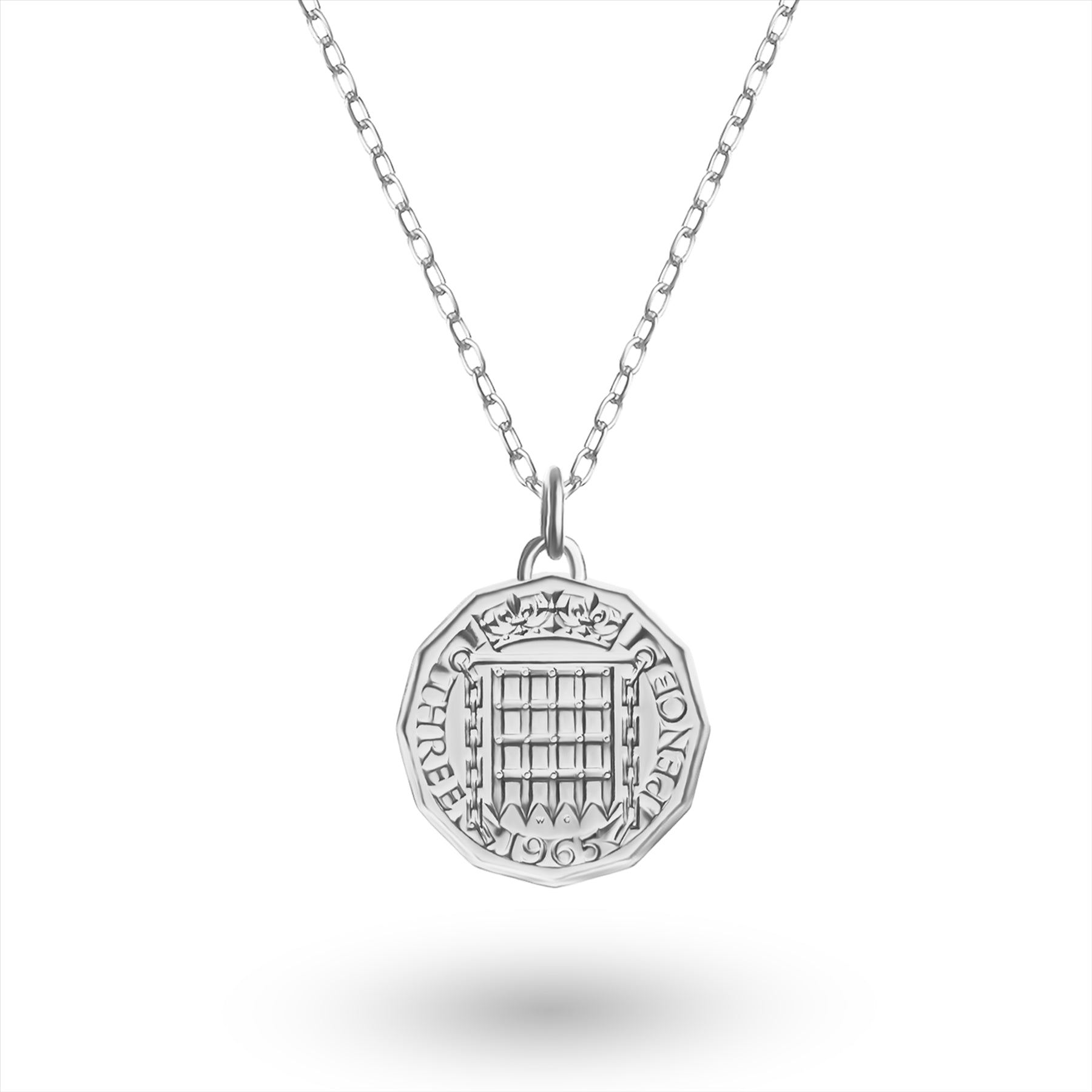 Collier avec pièce de monnaie britannique | Pendentif médaillon | Pièce de 3 pence plaquée rhodium | Reine Élisabeth II | 1954-1970