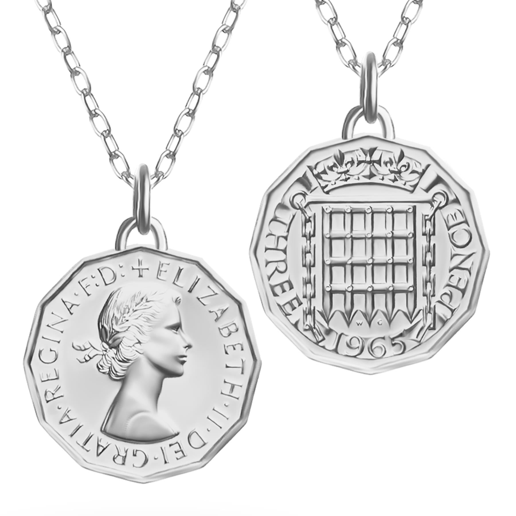 Collier avec pièce de monnaie britannique | Pendentif médaillon | Pièce de 3 pence plaquée rhodium | Reine Élisabeth II | 1954-1970