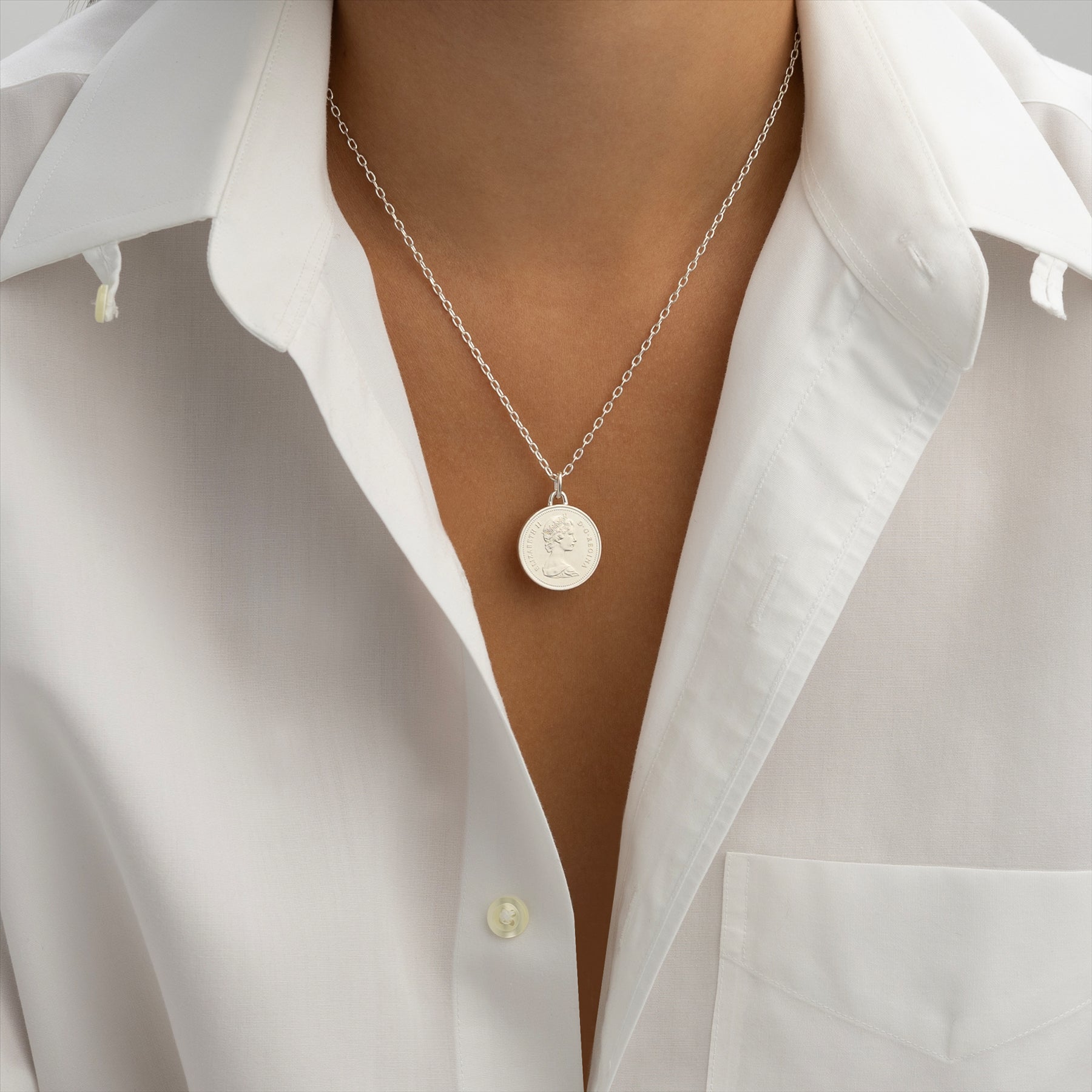 Canadian Coin Necklace | Medallion Pendant Jewelry | Rhodium Plated 5 Cents | Queen Elizabeth II | 1965 - 1989