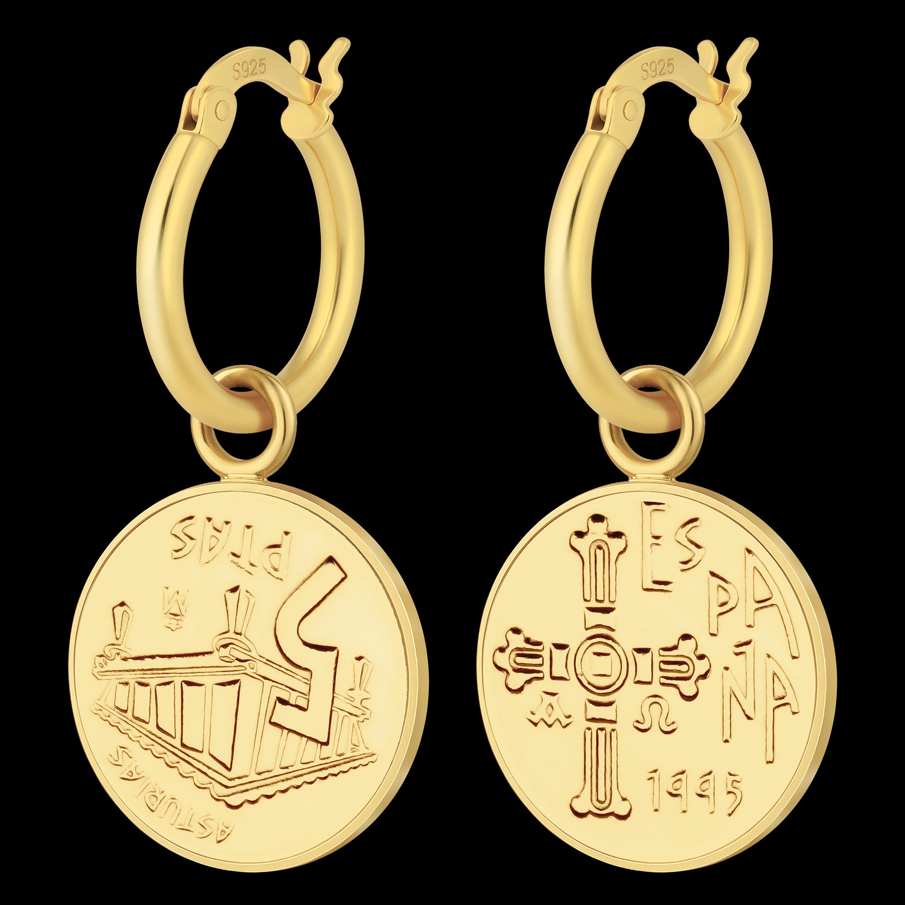 Silver Hoop Earrings | Spanish 5 Pesetas Coin Charms | 18K Gold Plated