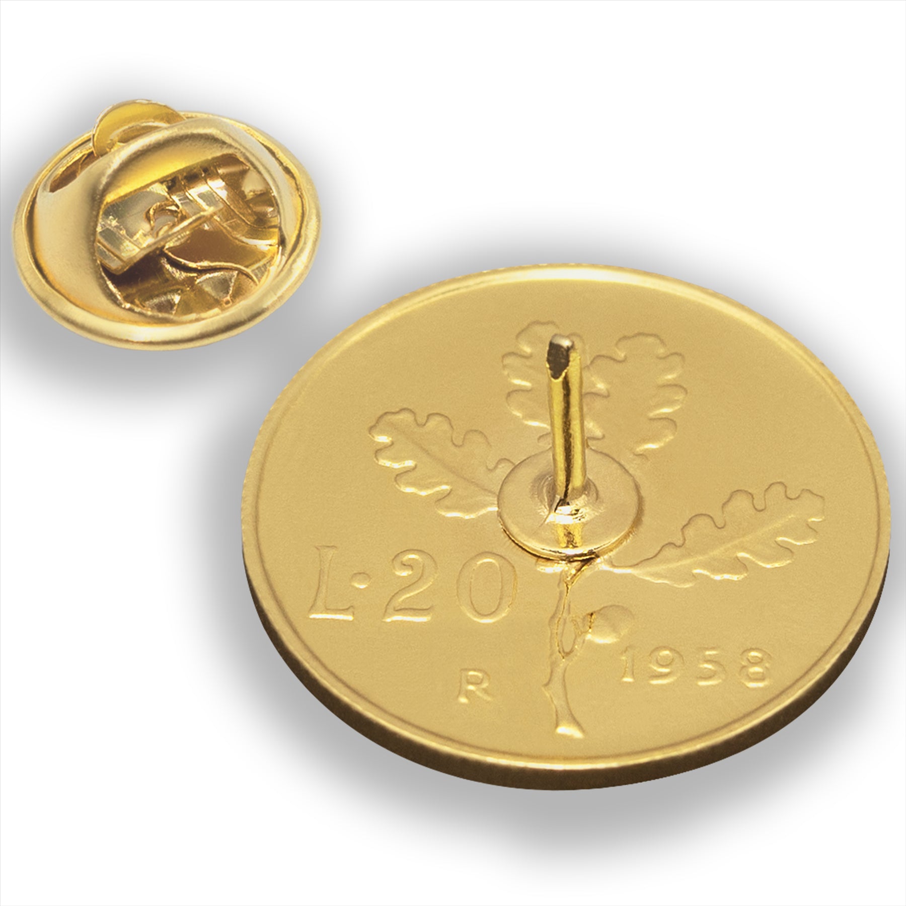 Italian Coin Pin Brooch Badge | Vintage Collectible Jewelry | 20 Lire 18K Gold Plated | Goddess Roma