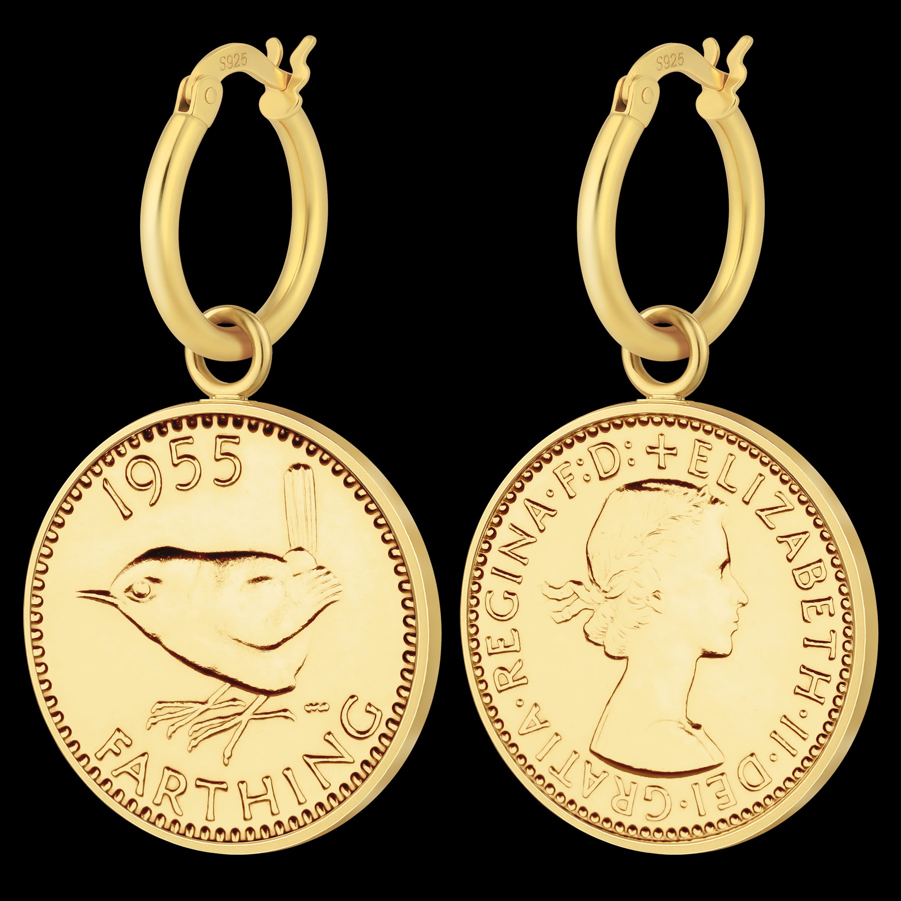 Silver Hoop Earrings | United Kingdom 1 Farthing Coin Charms | 18K Gold Plated