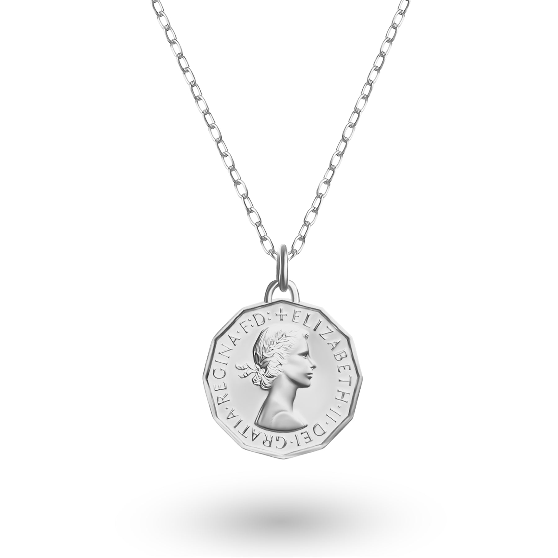 Collier avec pièce de monnaie britannique | Pendentif médaillon | Pièce de 3 pence plaquée rhodium | Reine Élisabeth II | 1954-1970