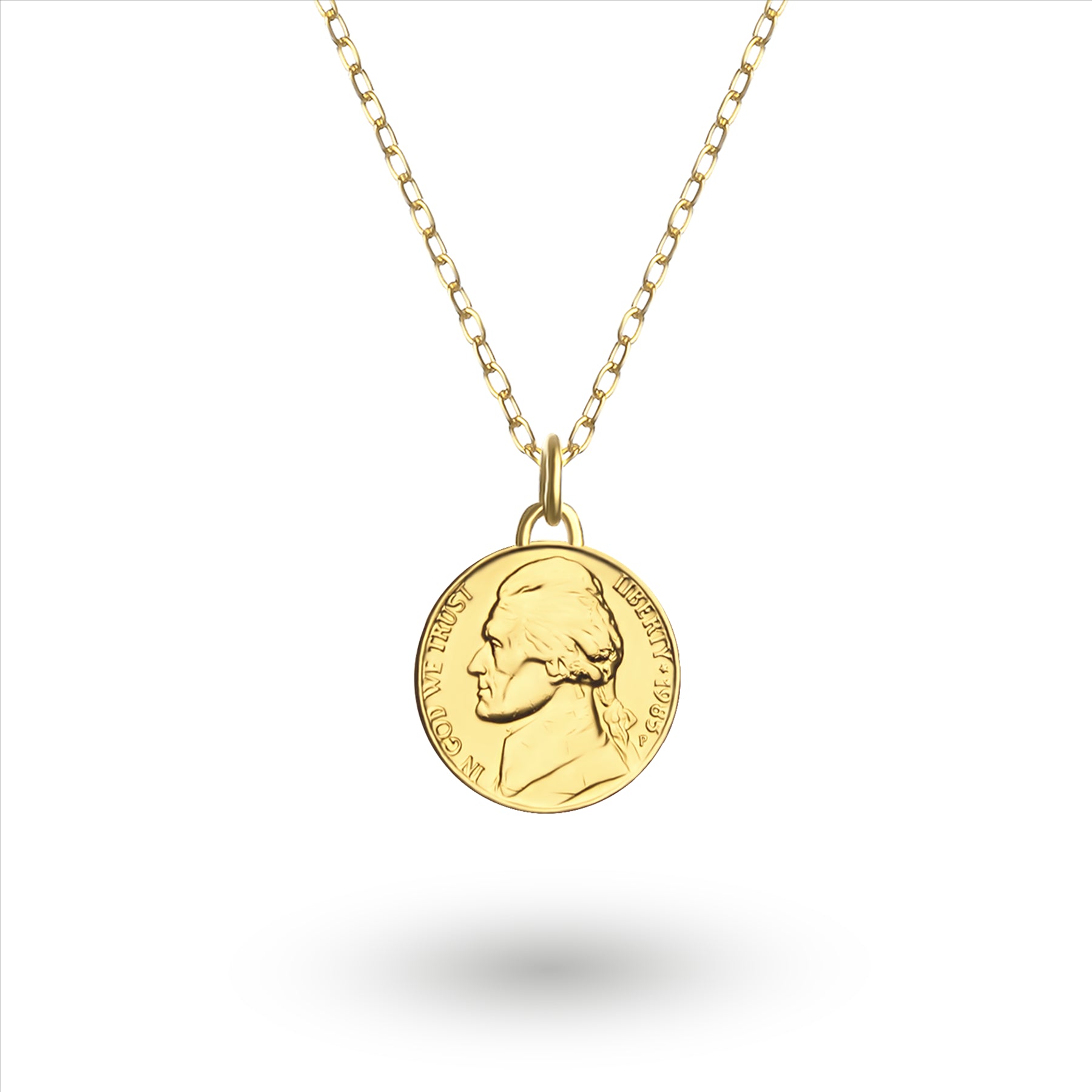Collier avec pièce de monnaie américaine | Pendentif médaillon | 5 cents américains plaqués or 18 carats | T. Jefferson | 2002