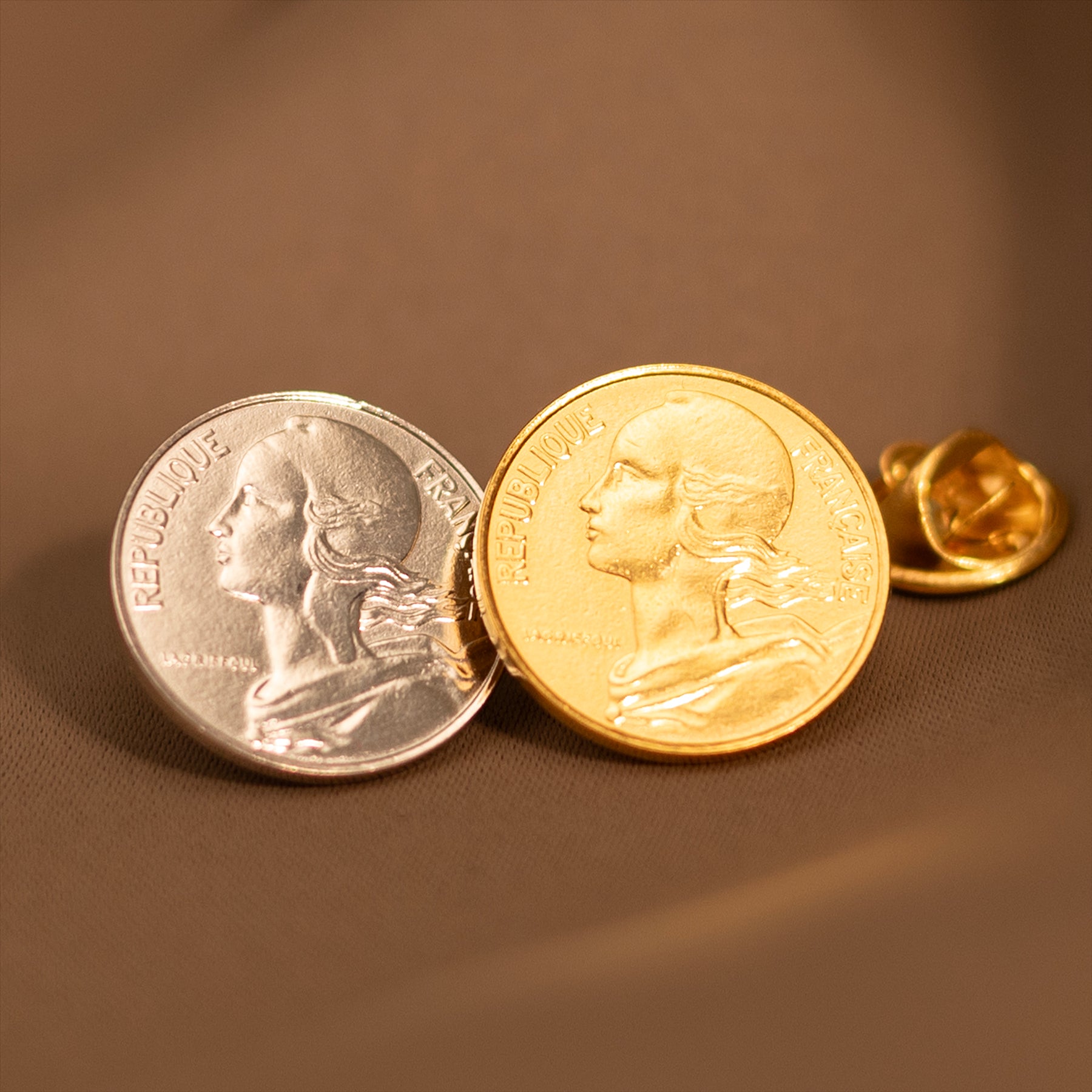 French Coin Pin Brooch Badge | Vintage Collectible Jewelry | 10 Centimes 18K Gold Plated | Goddess of Liberty Equality Fraternity