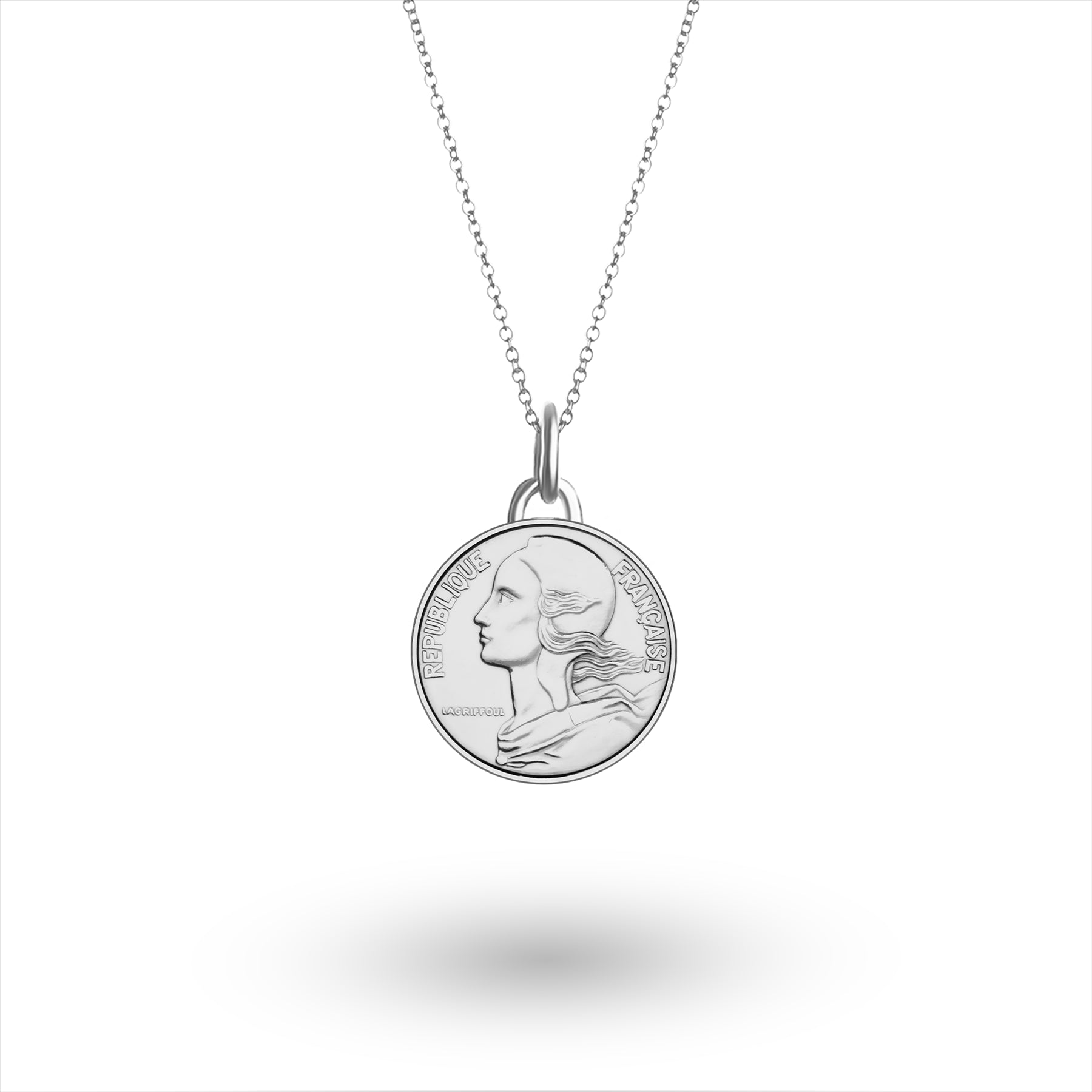 Collier pièce de monnaie française | Pendentif médaillon | Plaqué rhodium 5 centimes | 1966 - 2001