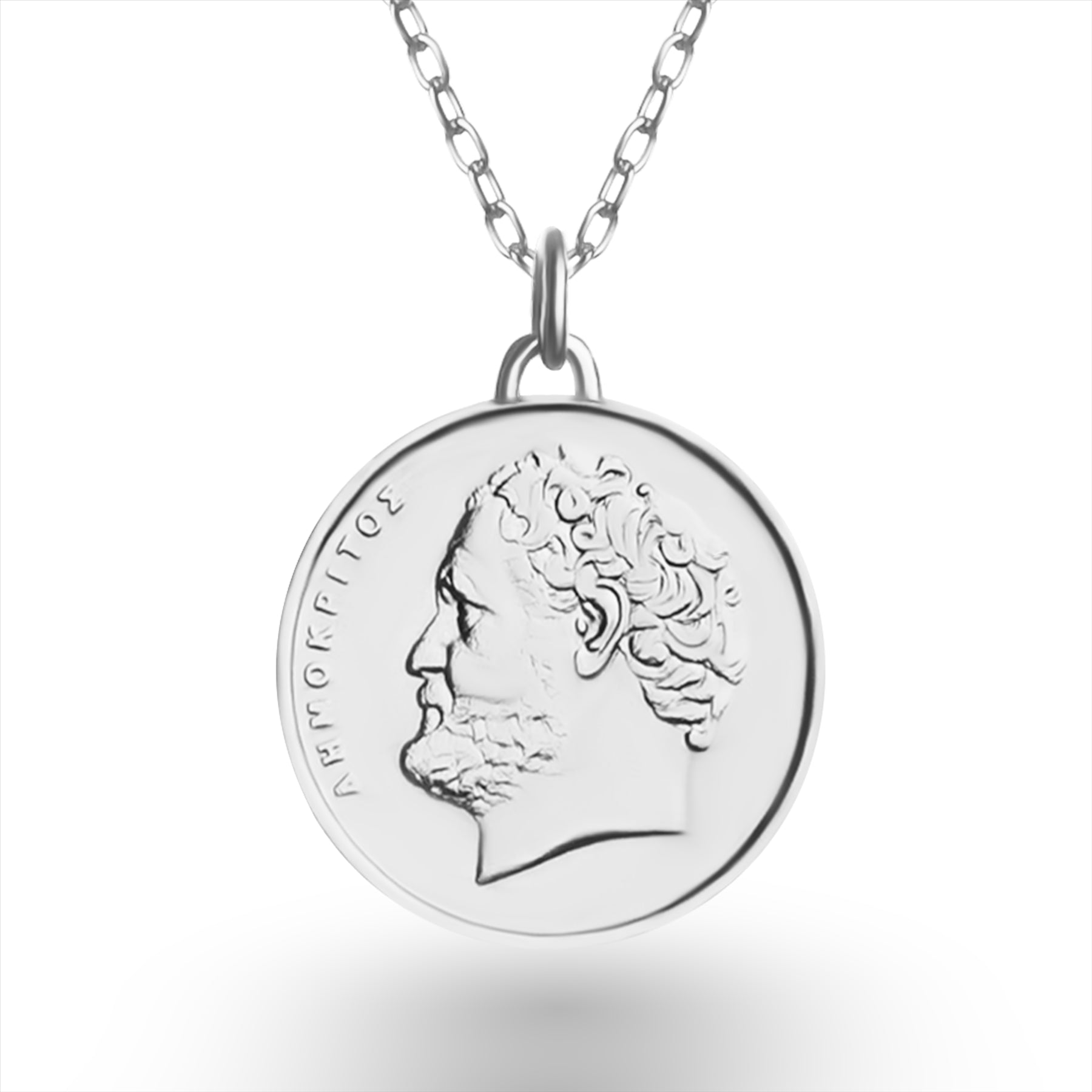 Collier avec pièce grecque | Pendentif médaillon | 10 drachmes plaquées rhodium | Démocrite | 1976-2000