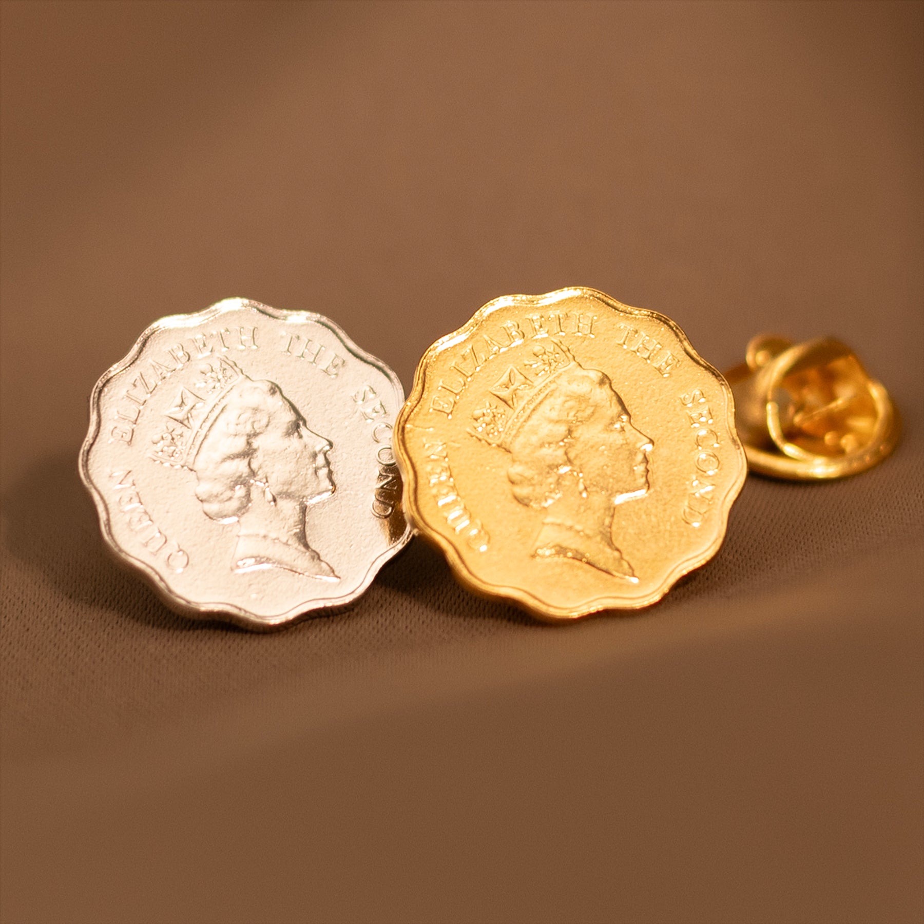 Hong Kong Coin Pin Brooch Badge | Vintage Collectible Jewelry | 20 Cents 18K Gold Plated | Queen Elizabeth II