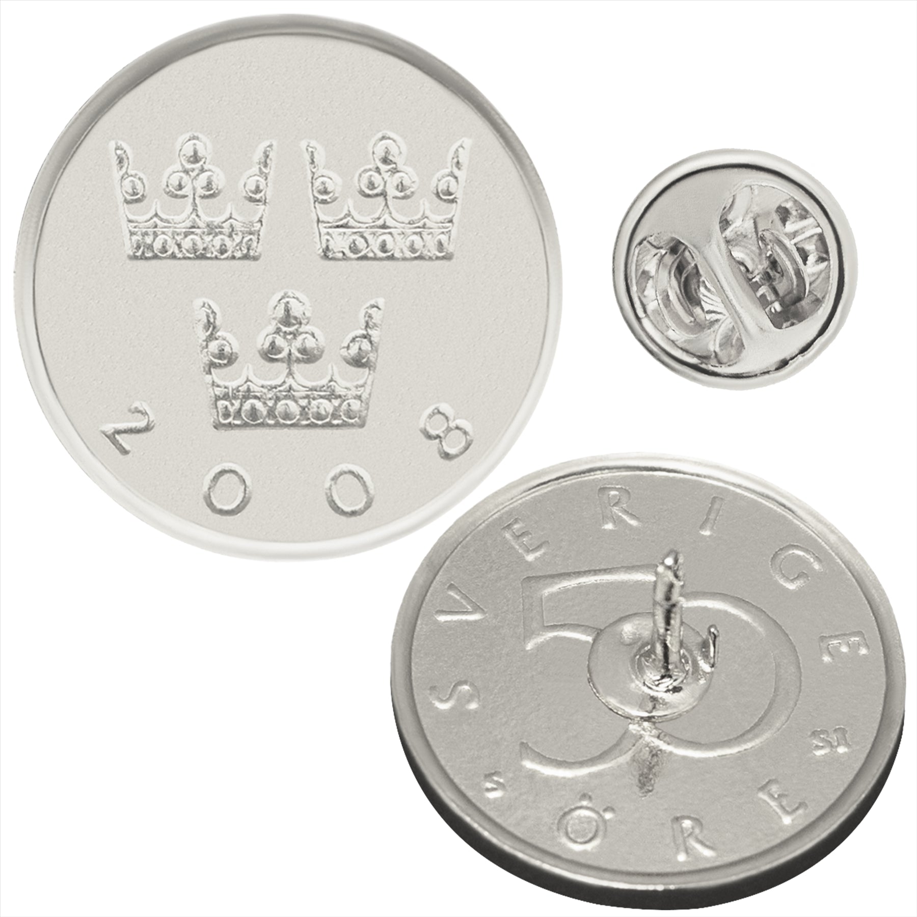 Broche et insigne de pièce de monnaie suédoise | Bijoux vintage de collection | 50 pièces plaquées nickel | Trois couronnes