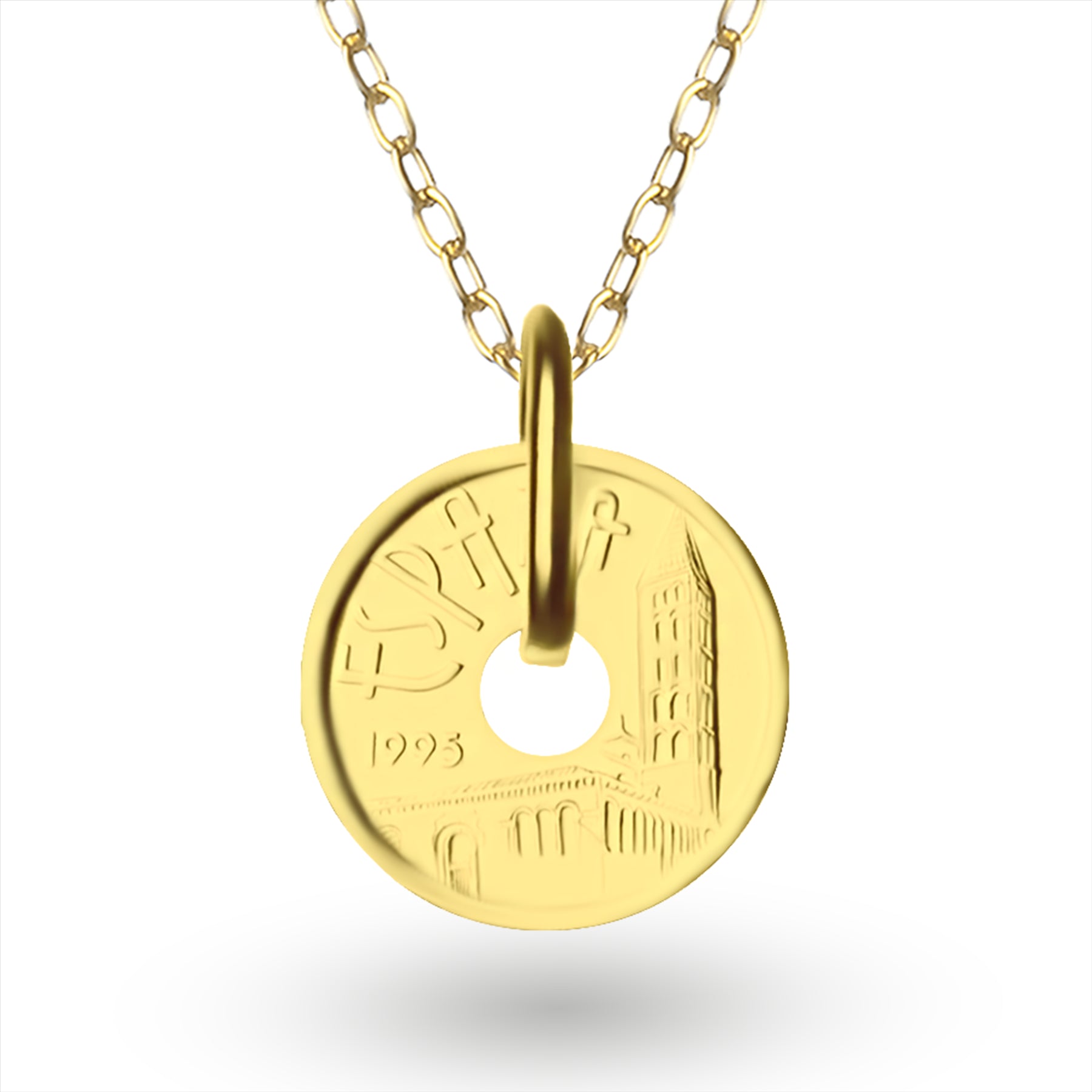 Collier plaqué or 24 carats avec véritable pièce espagnole de 5 pesetas | Médaillon | Castille-et-Léon | 1995