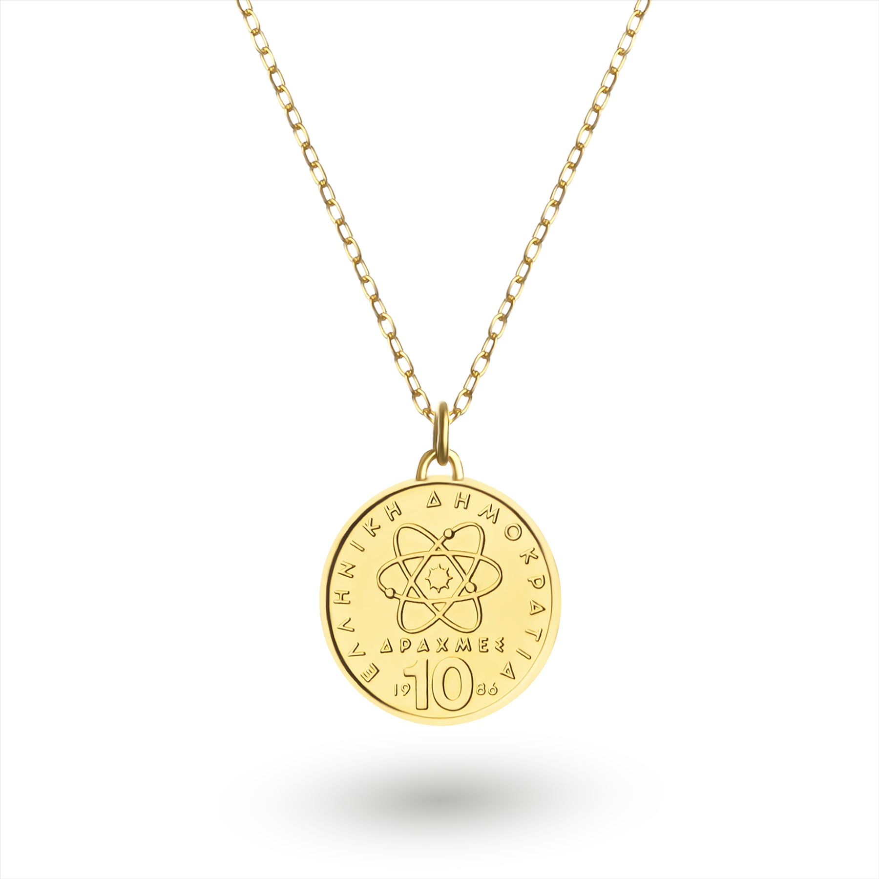 Collier avec pièce grecque | Pendentif médaillon | 10 drachmes plaqué or 18 carats | Démocrite | 1976-2000