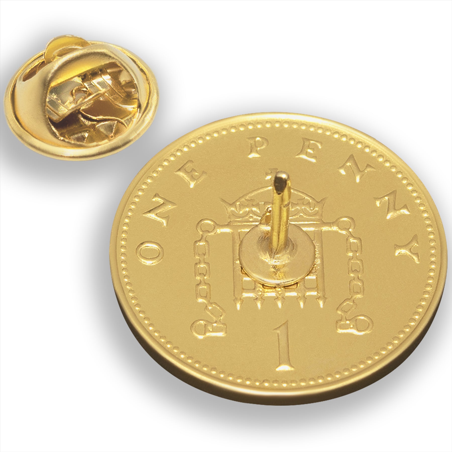 British Coin Pin Brooch Badge | Vintage Collectible Jewelry | 18K Gold Plated One 1 Penny | Queen Elizabeth II