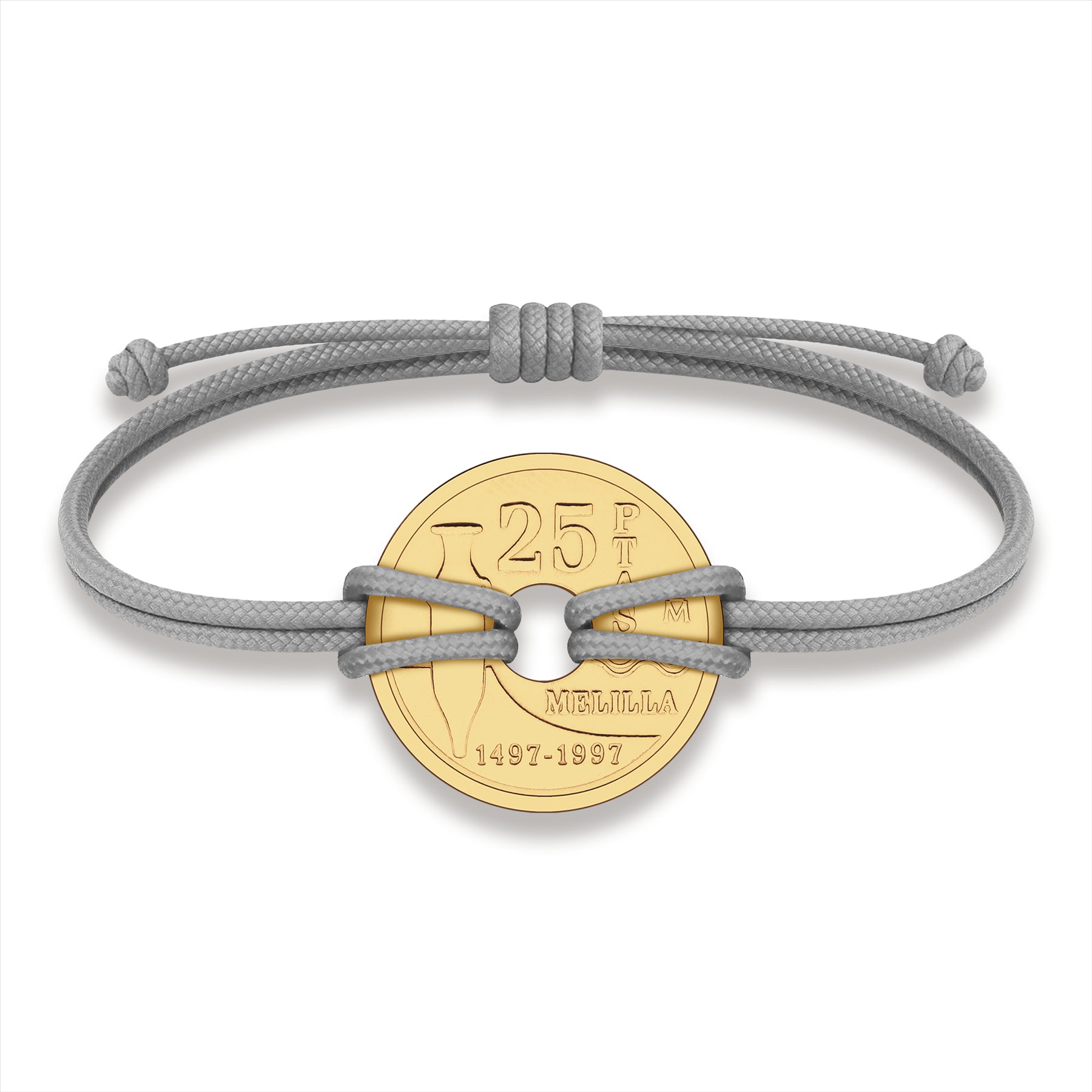 Good Luck Coin Bracelet | Gray String Thread Wristband | Spain 25 Pesetas | 18k Gold Plated Fortune Wealth & Protection