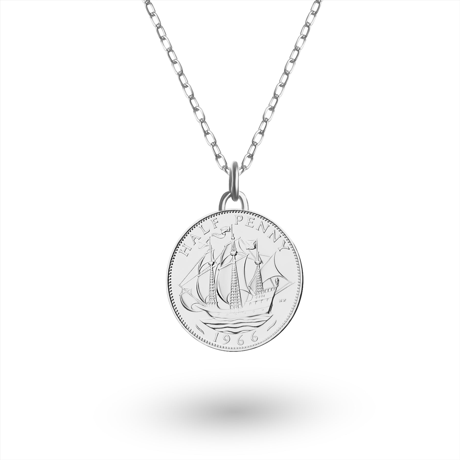 Collier avec pièce de monnaie britannique | Pendentif médaillon | 1/2 penny plaqué rhodium | Reine Élisabeth II | 1954-1970