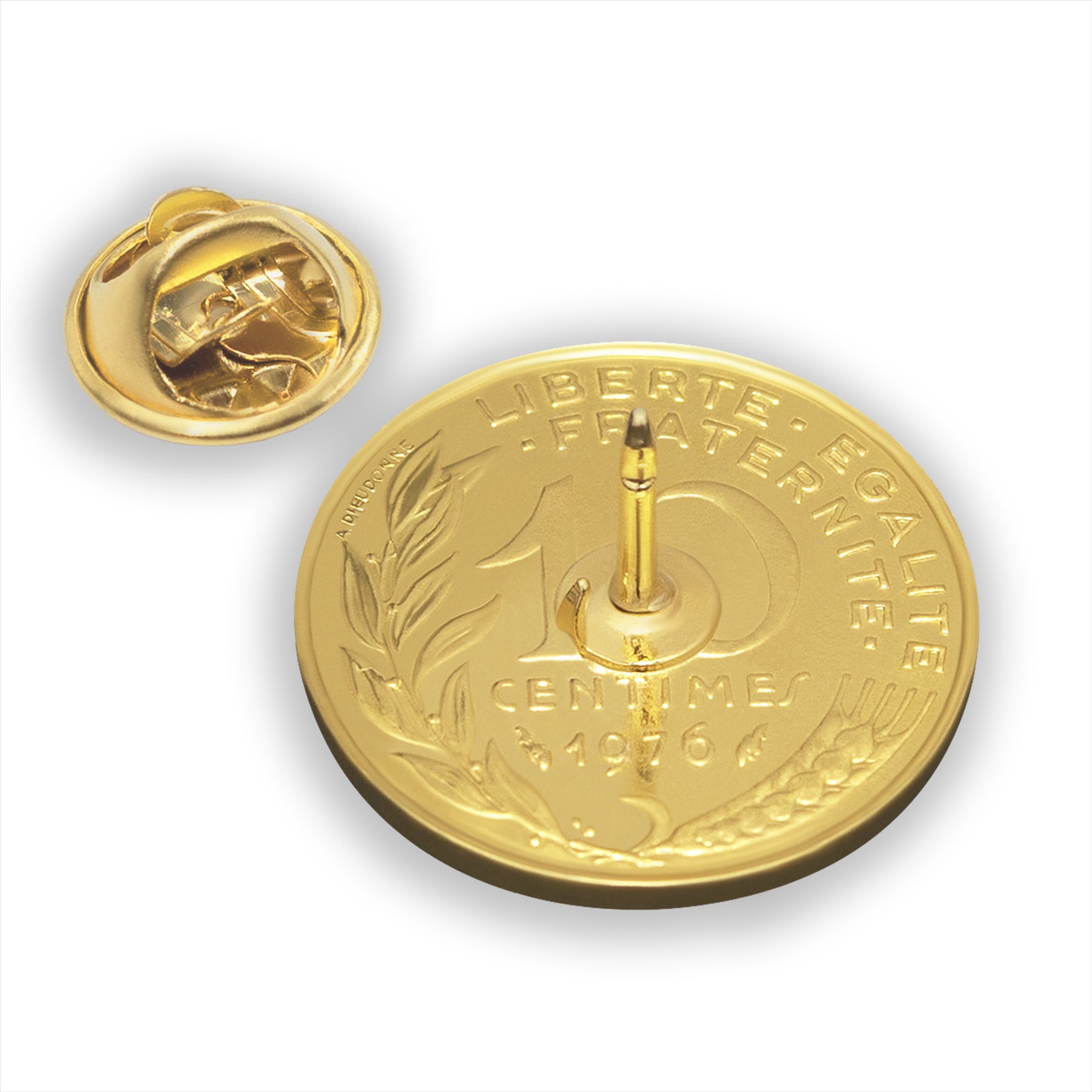 French Coin Pin Brooch Badge | Vintage Collectible Jewelry | 10 Centimes 18K Gold Plated | Goddess of Liberty Equality Fraternity