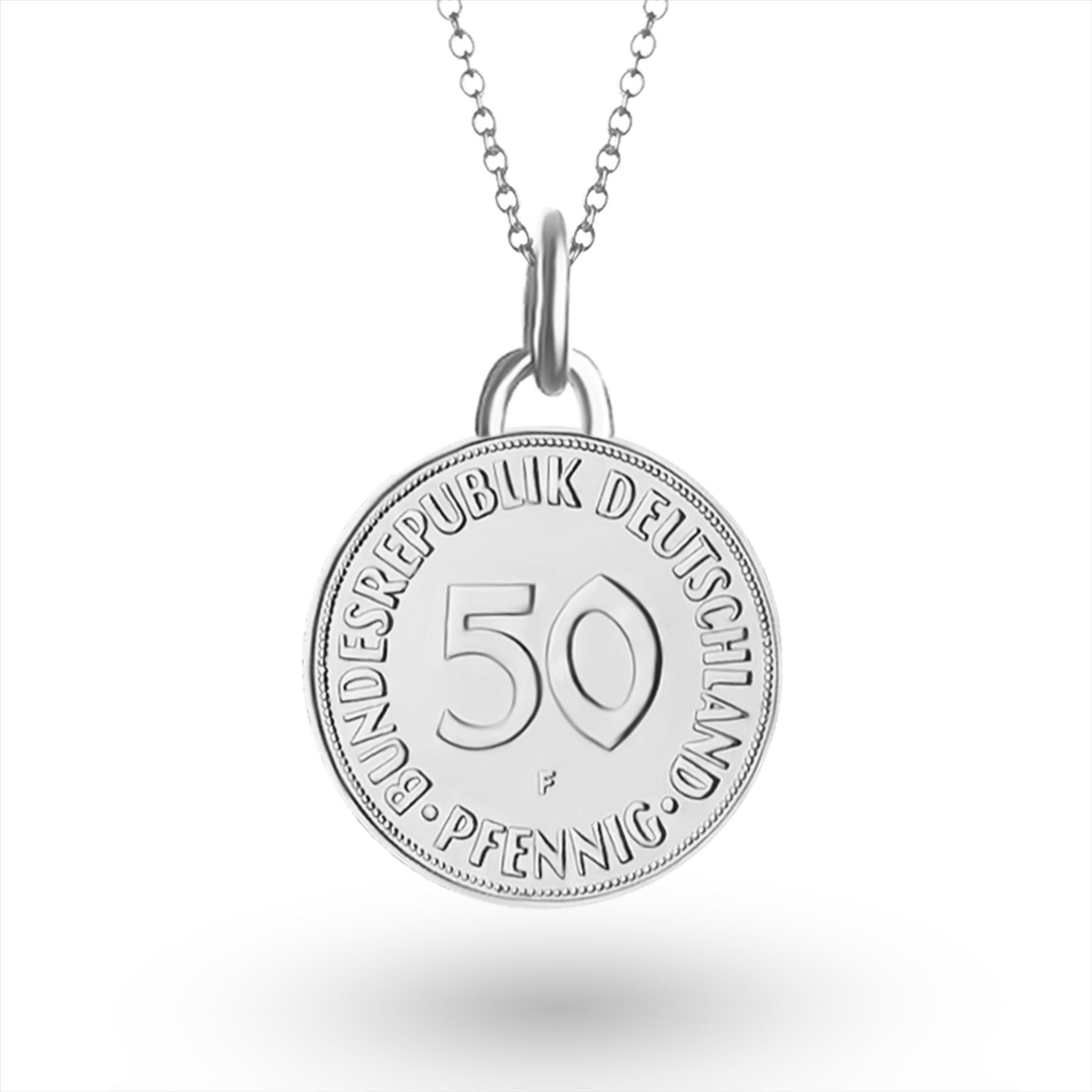 German Coin Necklace | Medallion Pendant Jewelry | Rhodium Plated 50 Pfennigs | 1950 - 2001