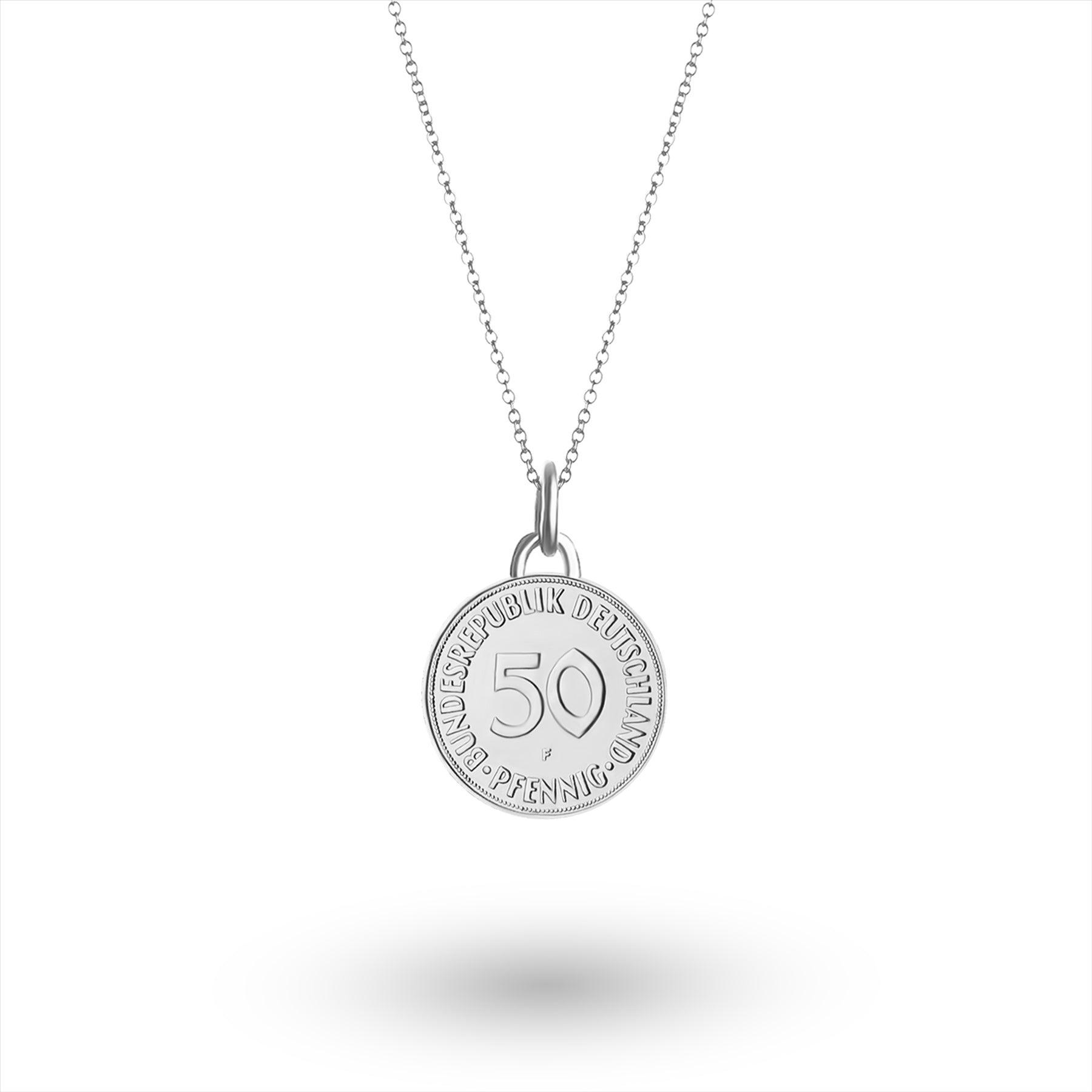German Coin Necklace | Medallion Pendant Jewelry | Rhodium Plated 50 Pfennigs | 1950 - 2001