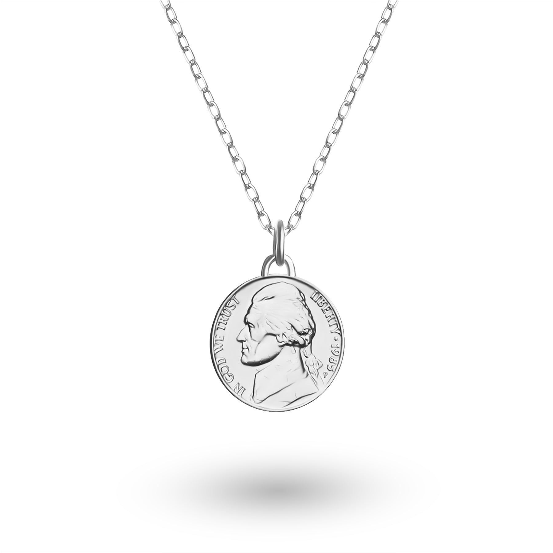 Collier avec pièce de monnaie américaine | Pendentif médaillon | Pièce de 5 cents des États-Unis plaquée rhodium | T. Jefferson | 2002