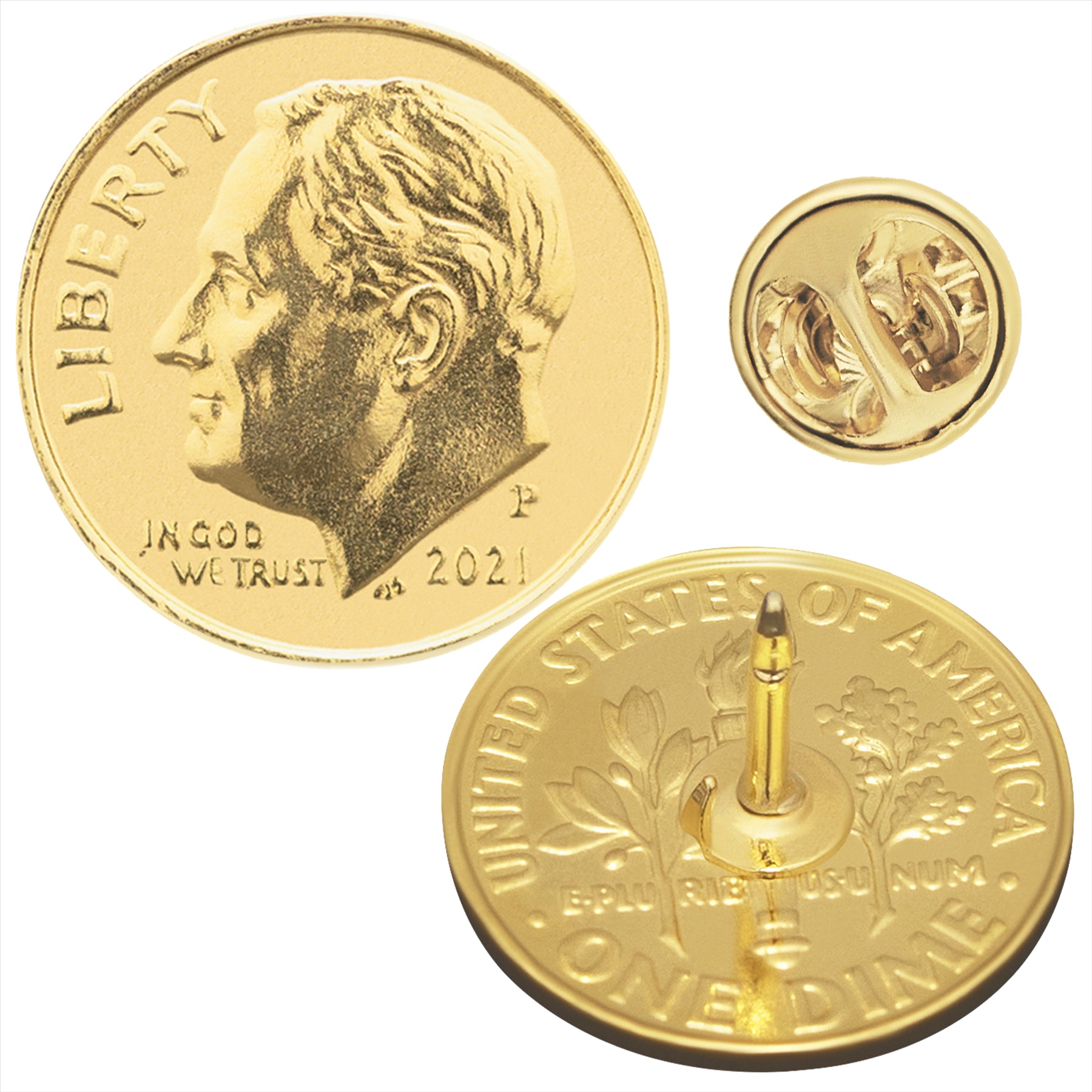 USA Coin Pin Brooch Badge | Vintage Collectible Jewelry | One Dime 18K Gold Plated | Roosevelt Dime | Proud Veteran