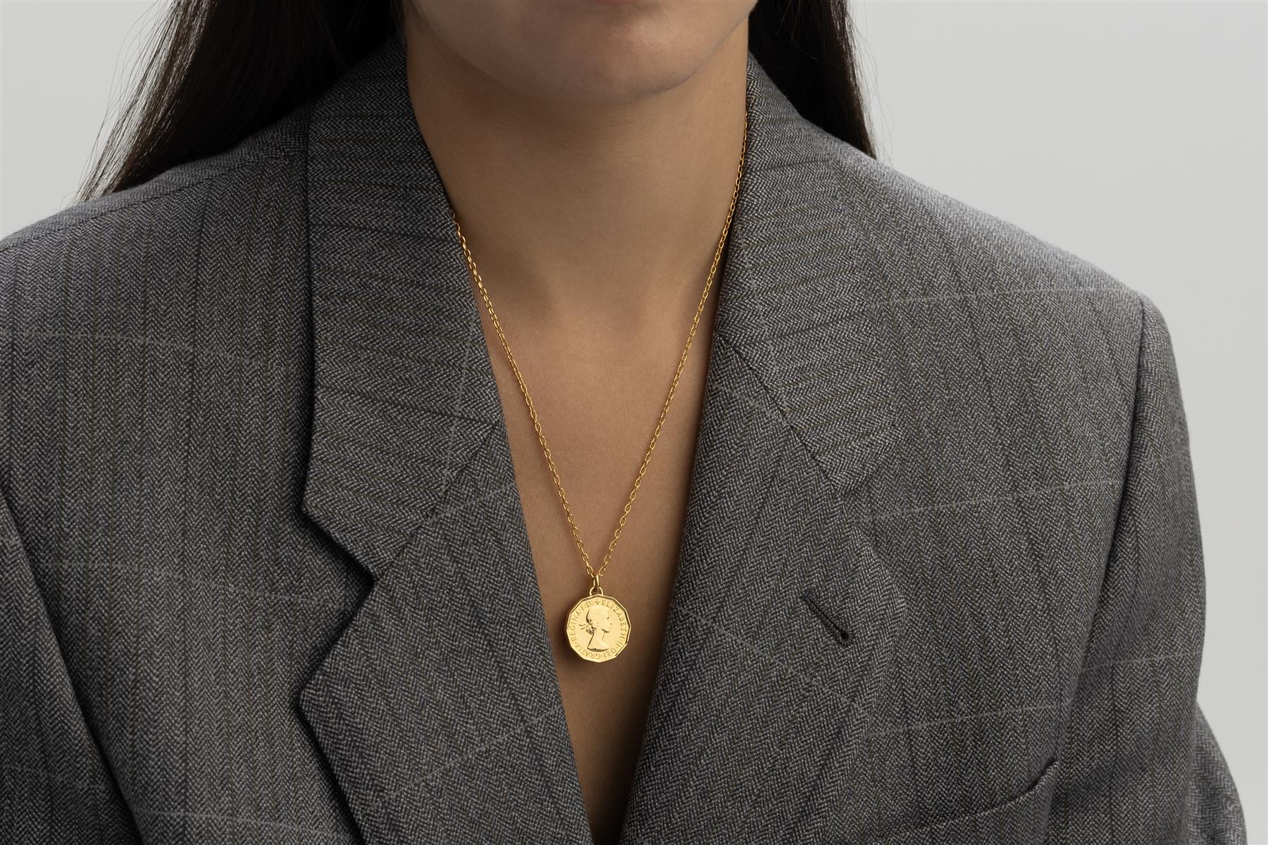 British Coin Necklace | Medallion Pendant Jewelry | 18K Gold Plated 3 Pence | Queen Elizabeth II | 1954 - 1970