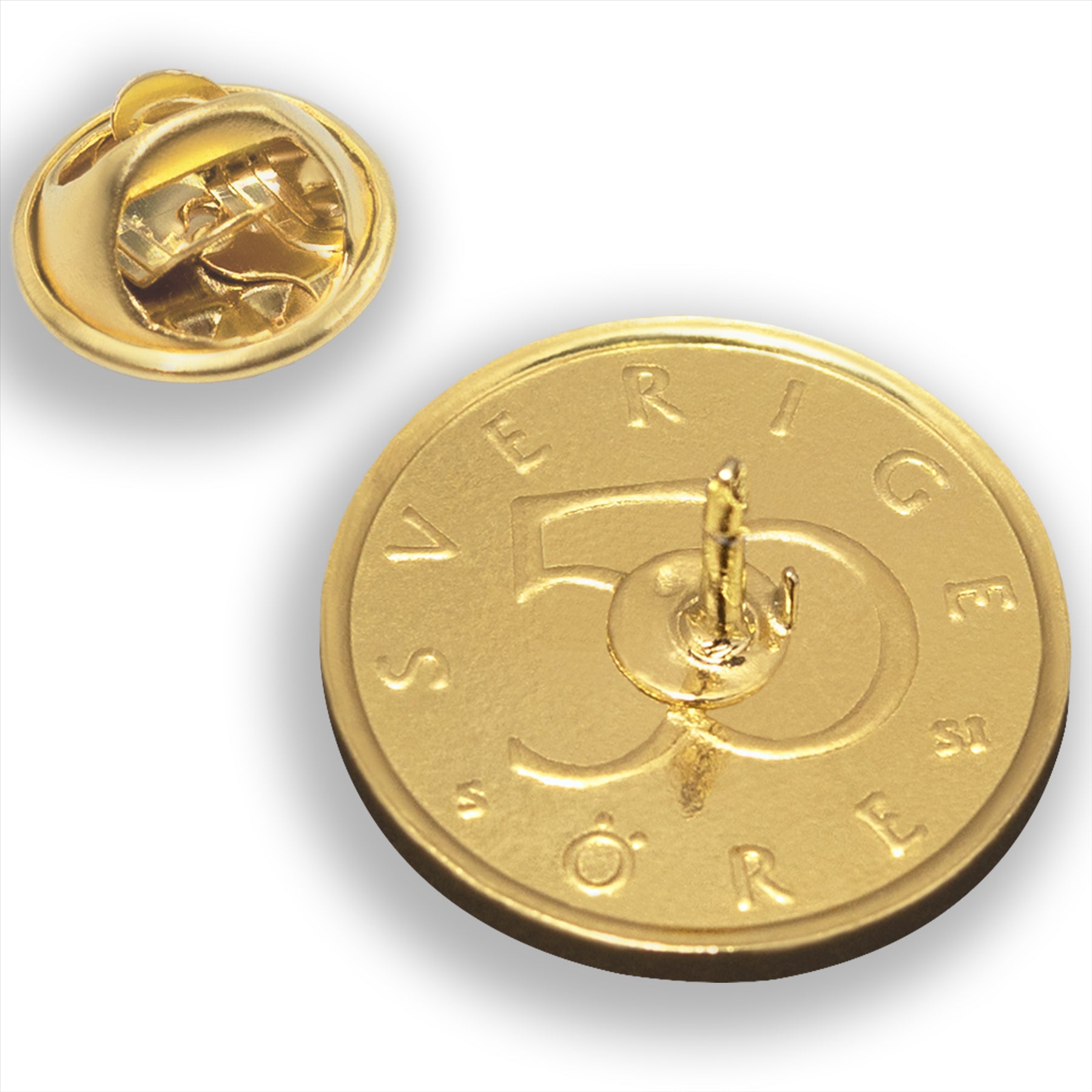 Broche et badge pièce de monnaie suédoise | Bijoux vintage de collection | Plaqué or 18 carats | Trois couronnes