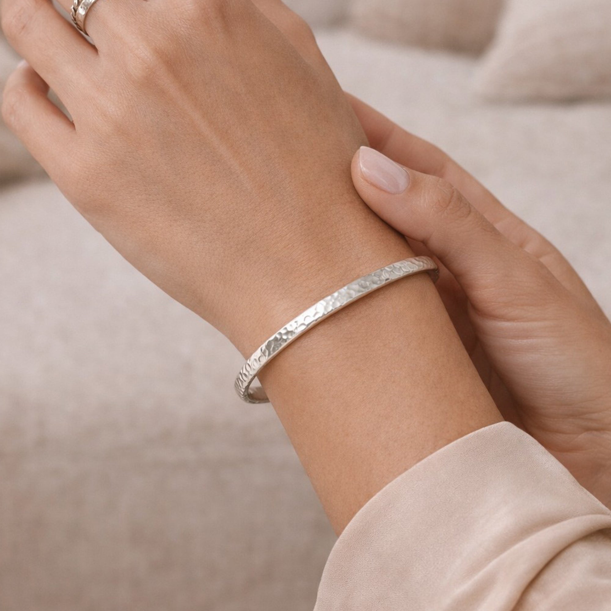 Handmade Sterling Silver Lumen Hammered Bangle