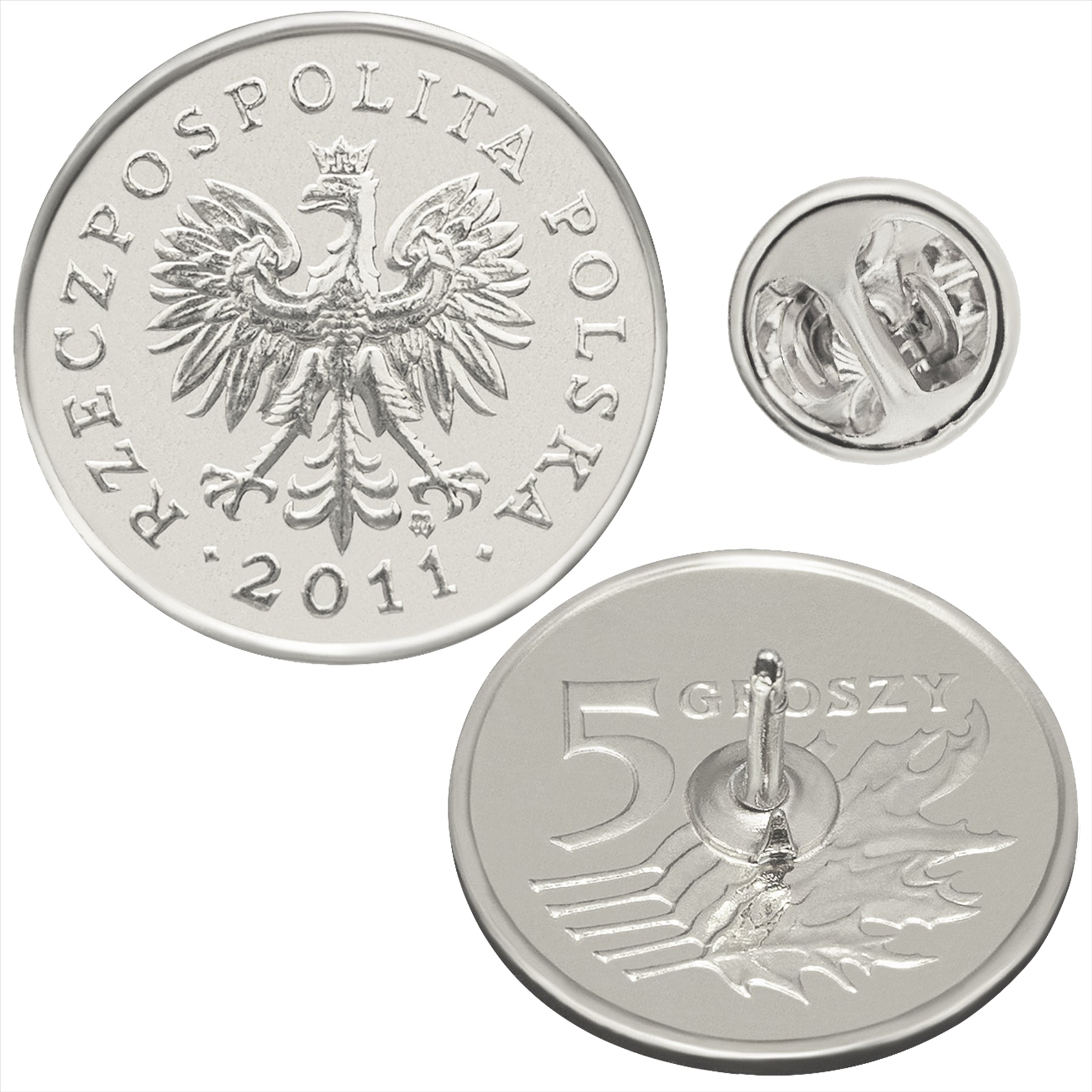 Polish Coin Pin Brooch Badge | Vintage Collectible Jewelry | 5 Grosz Nickel Plated | Eagle | Symbol Polish Pride