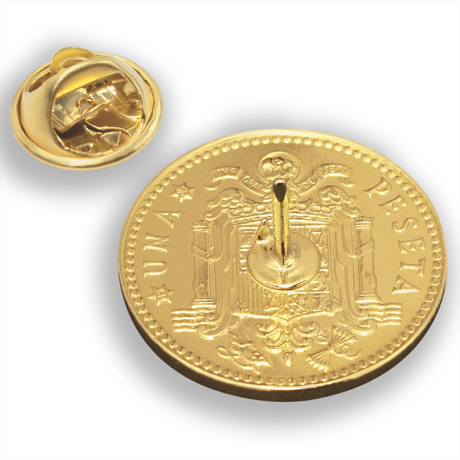 Broche et insigne de pièce de monnaie espagnole | Bijoux vintage de collection | 1 peseta plaquée or 18 carats | Roi Juan Carlos Ier