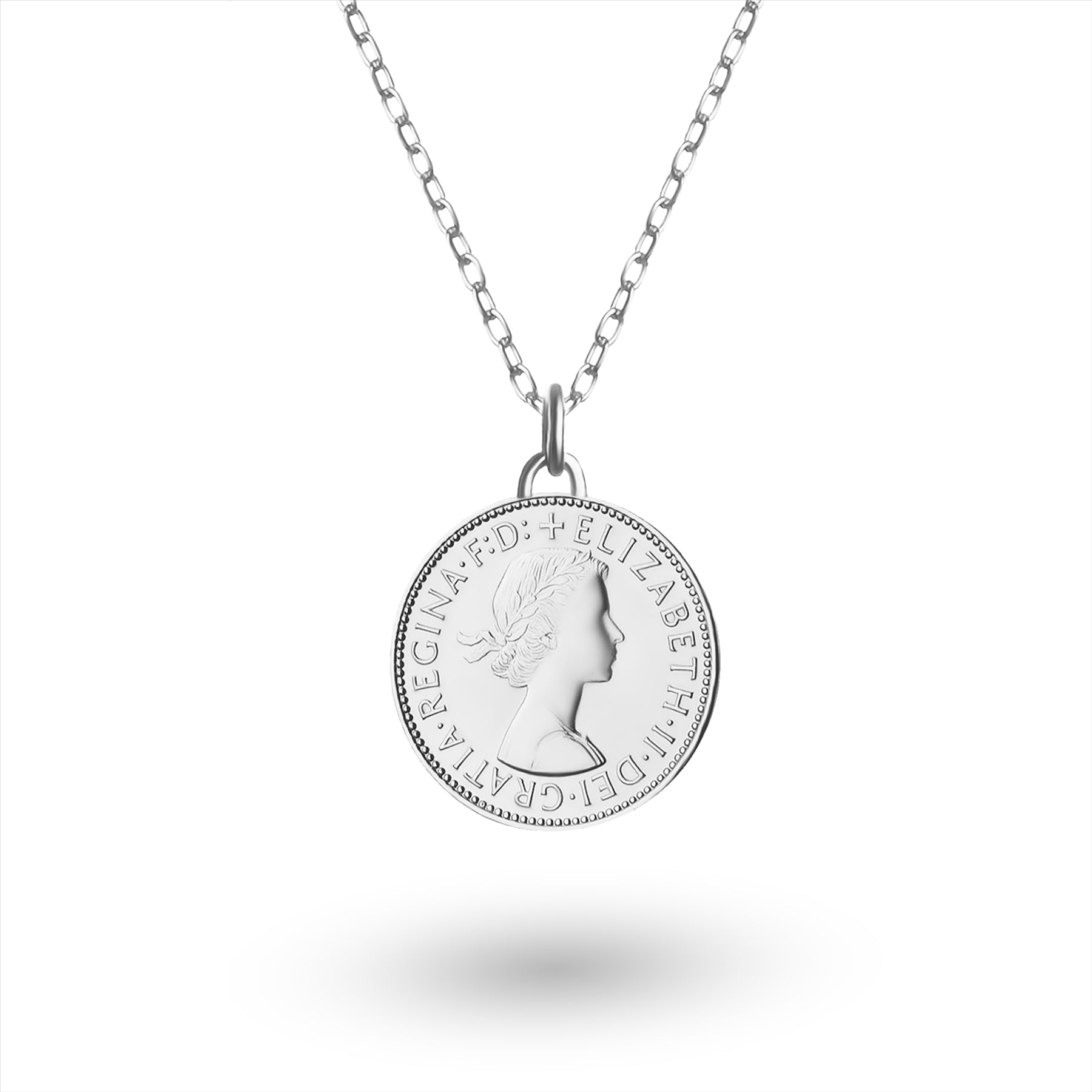 Collier avec pièce de monnaie britannique | Pendentif médaillon | 1/2 penny plaqué rhodium | Reine Élisabeth II | 1954-1970
