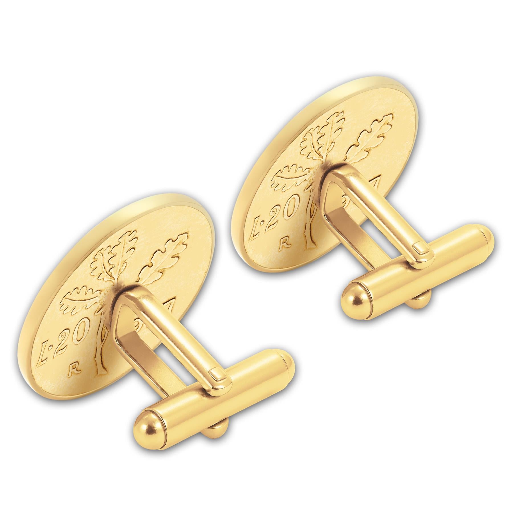Gold Plated Italian 20 Lire Coin Cufflinks | Oak Branch Design | Vintage Italy Gift