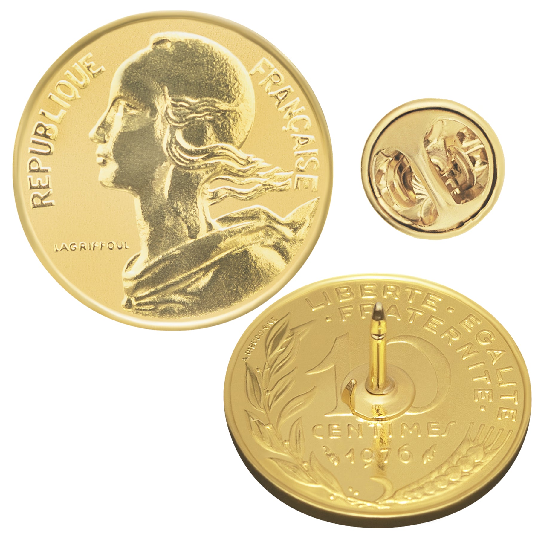 French Coin Pin Brooch Badge | Vintage Collectible Jewelry | 10 Centimes 18K Gold Plated | Goddess of Liberty Equality Fraternity