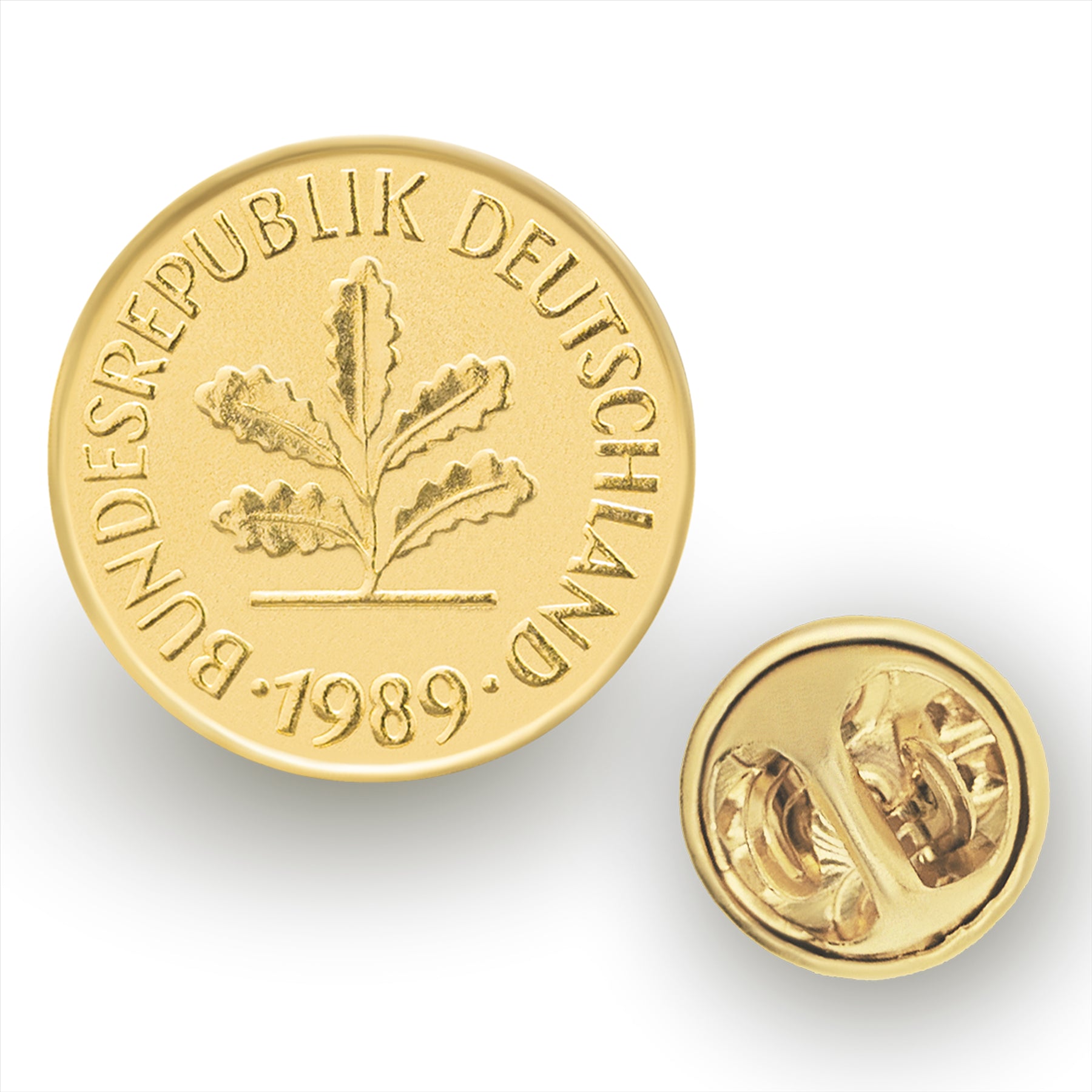 German Coin Pin Brooch Badge | Vintage Collectible Jewelry | 5 Pfennig 18K Gold Plated | Oak Seedling | German Roots