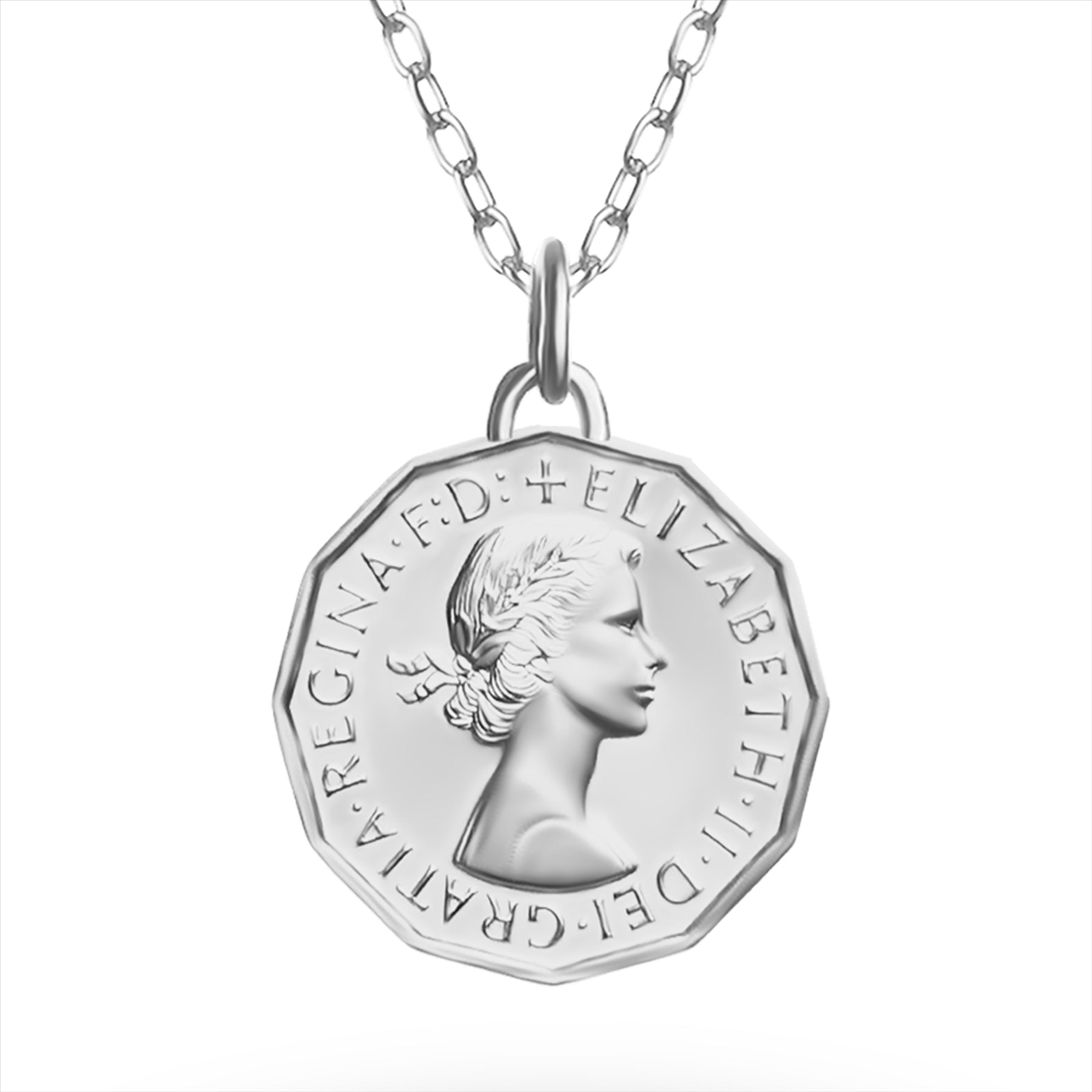Collier avec pièce de monnaie britannique | Pendentif médaillon | Pièce de 3 pence plaquée rhodium | Reine Élisabeth II | 1954-1970
