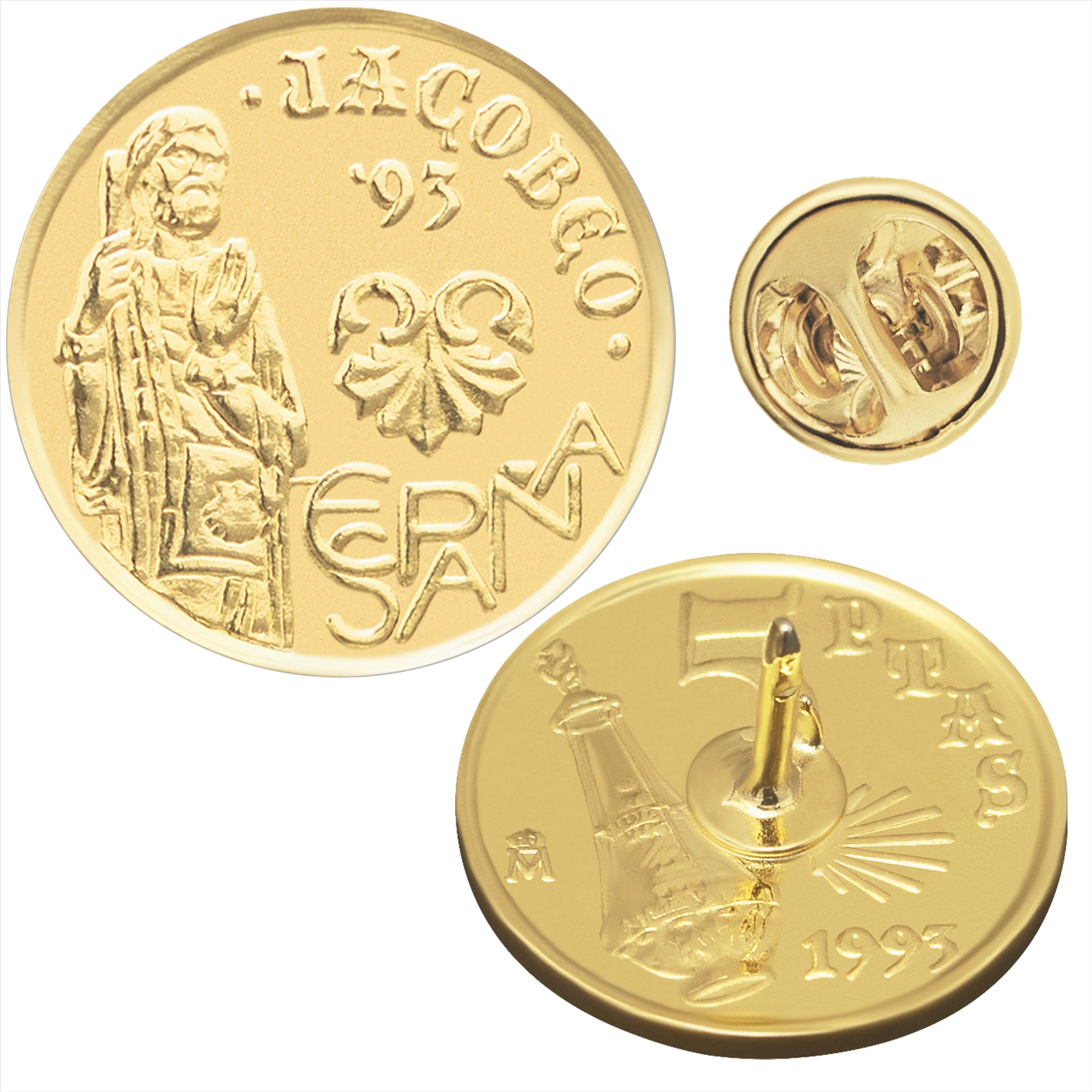 Broche et épinglette en forme de pièce de monnaie espagnole | Bijoux vintage | Pièce de 5 pesetas Jacobeo plaquée or 18 carats | Saint-Jacques | Chemin de Saint-Jacques | Revers religieux et spirituel