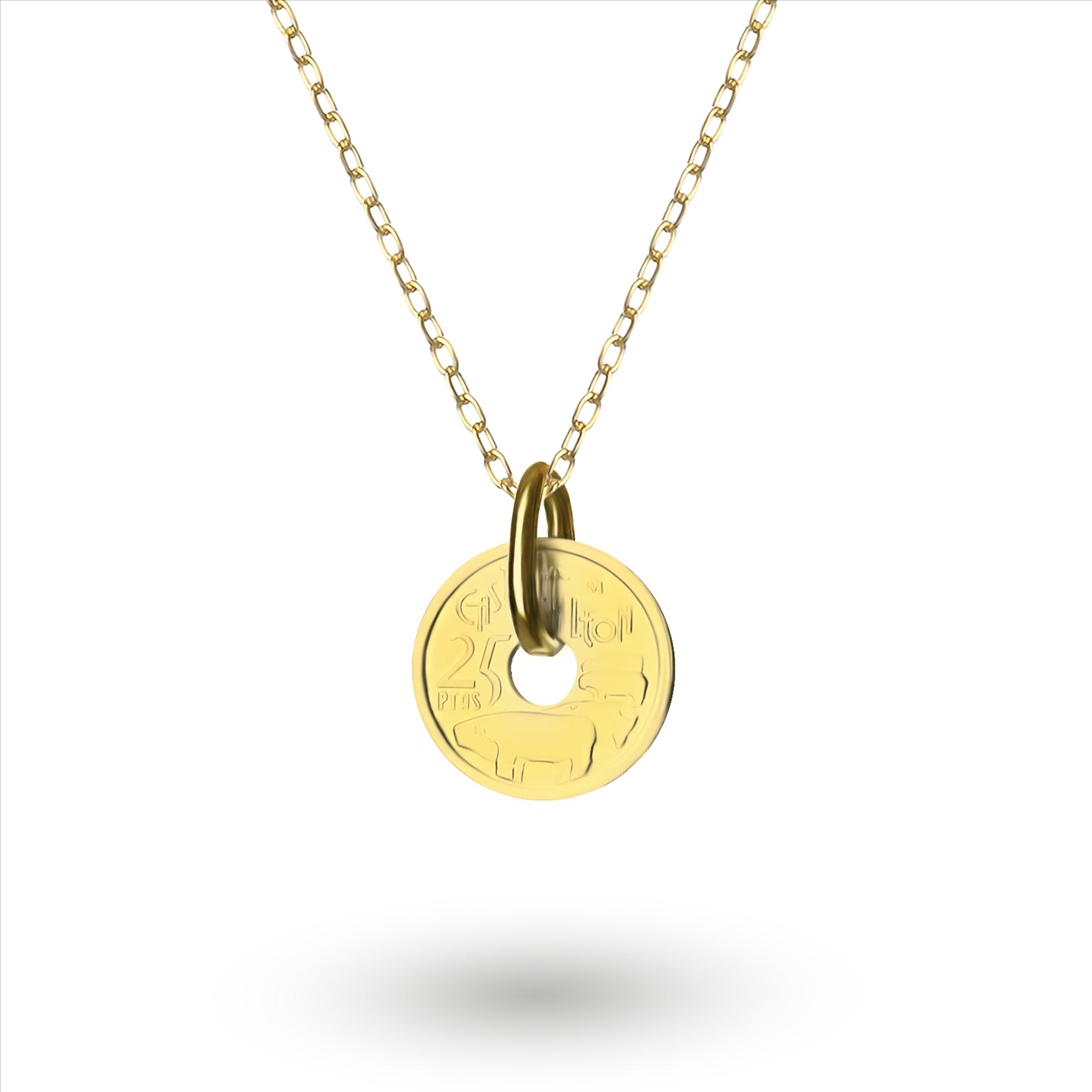 Collier plaqué or 24 carats avec véritable pièce espagnole de 5 pesetas | Médaillon | Castille-et-Léon | 1995