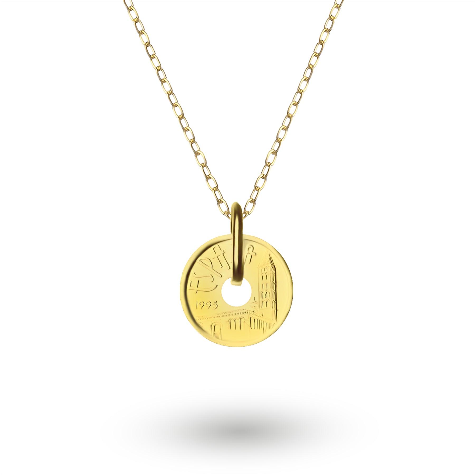 Collier plaqué or 24 carats avec véritable pièce espagnole de 5 pesetas | Médaillon | Castille-et-Léon | 1995
