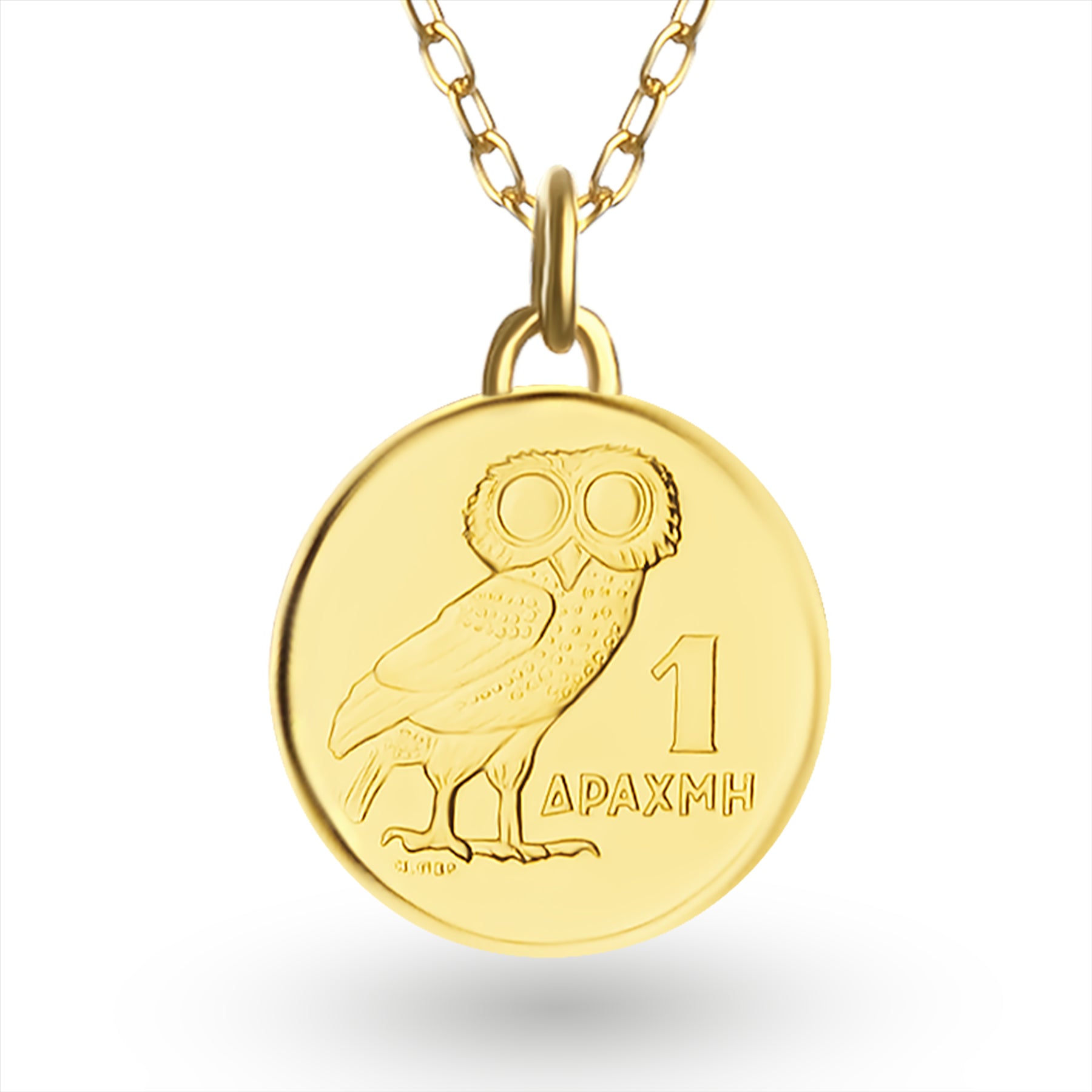 Collier plaqué or 24 carats avec véritable pièce grecque d'une drachme | Médaillon | Chouette | 1973
