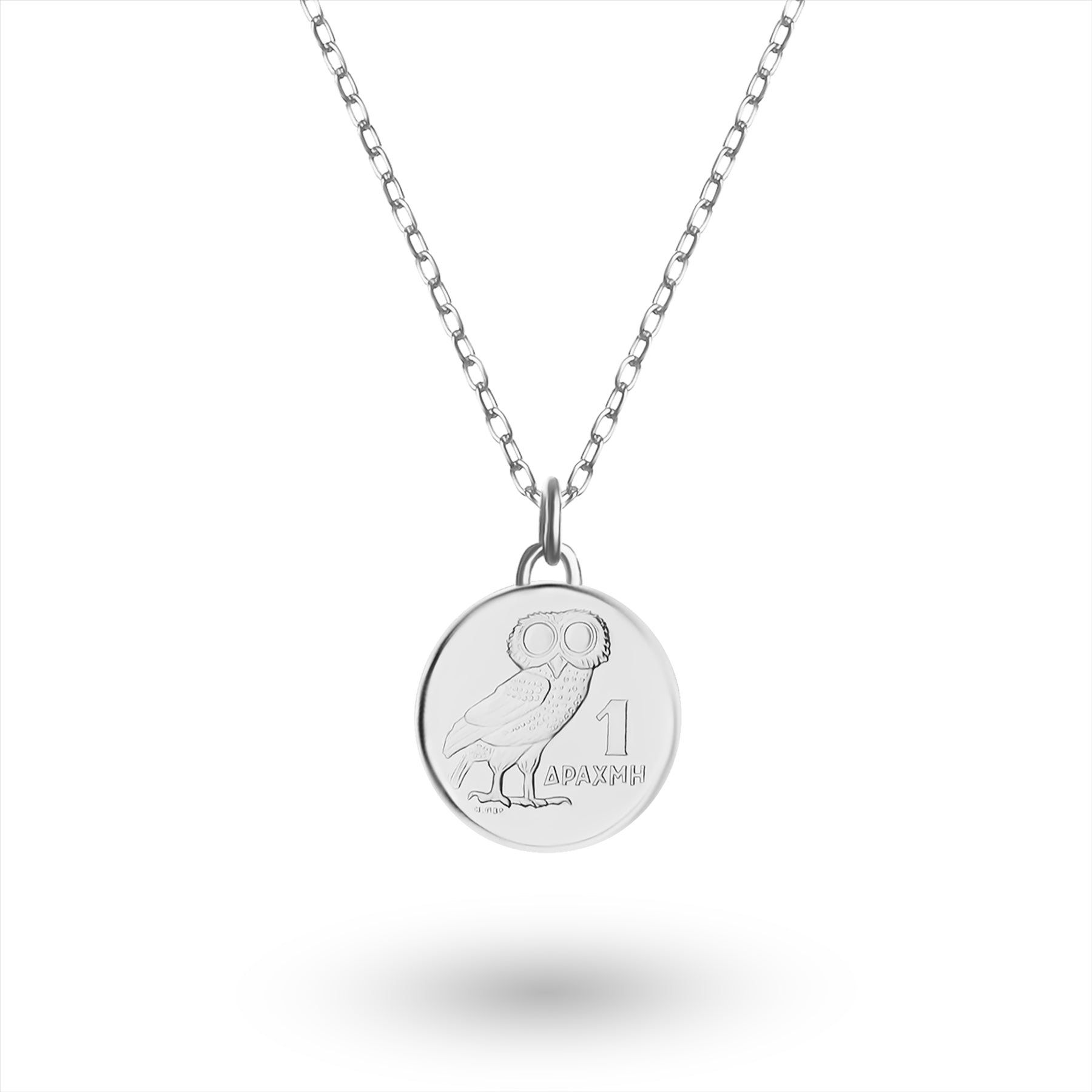 Collier plaqué rhodium avec véritable pièce grecque d'une drachme | Médaillon | Chouette | 1973