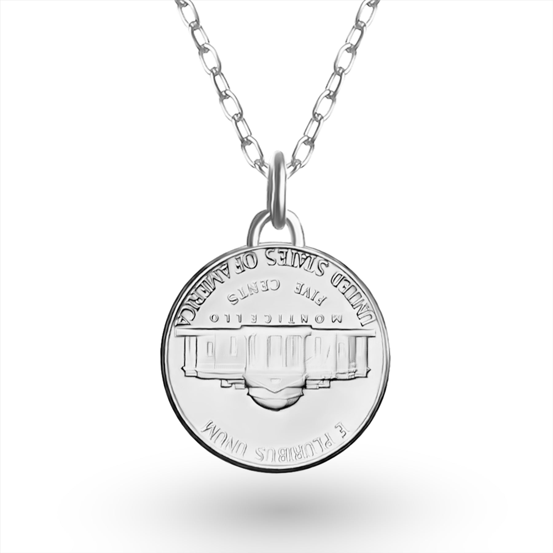 Collier avec pièce de monnaie américaine | Pendentif médaillon | Pièce de 5 cents des États-Unis plaquée rhodium | T. Jefferson | 2002