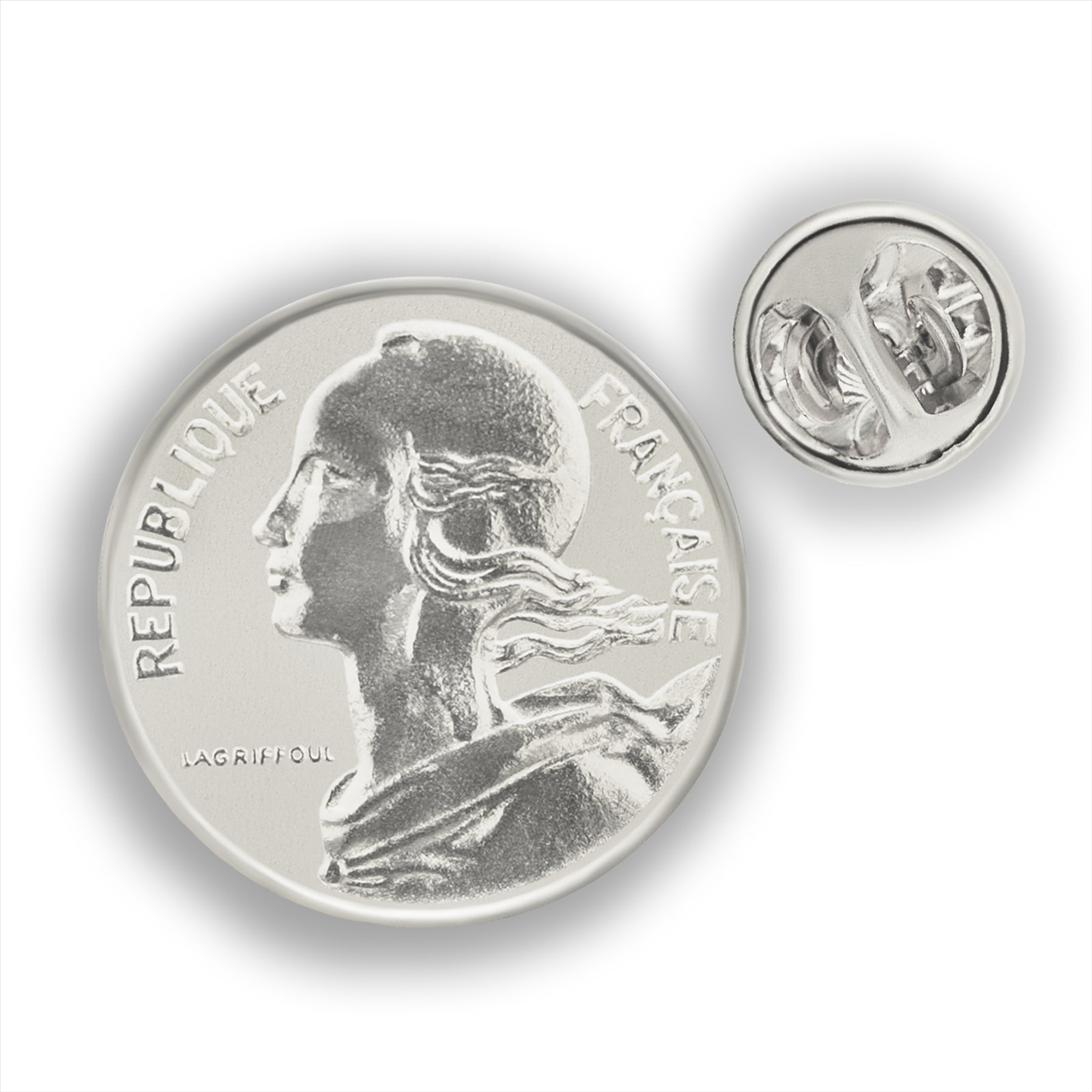 Broche pièce de monnaie française | Bijou vintage de collection | 10 centimes plaqué nickel | Déesse de la Liberté, de l'Égalité et de la Fraternité