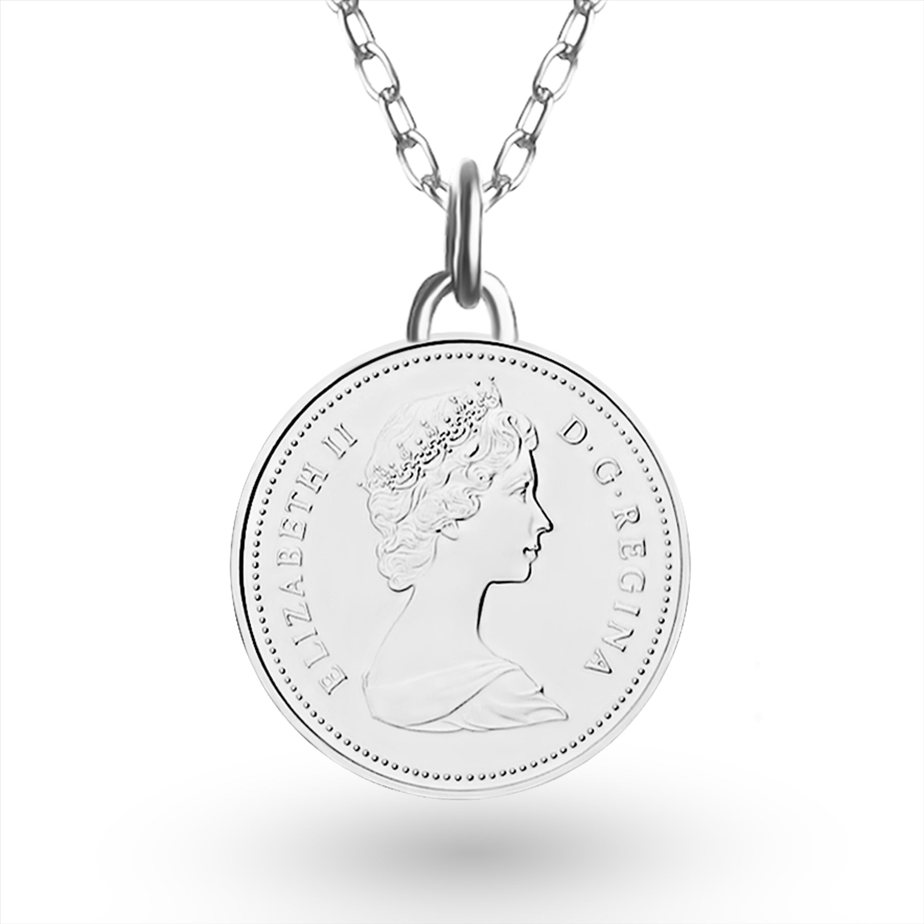 Collier avec pièce de monnaie canadienne | Pendentif médaillon | Pièce de 5 cents plaquée rhodium | Reine Élisabeth II | 1965-1989