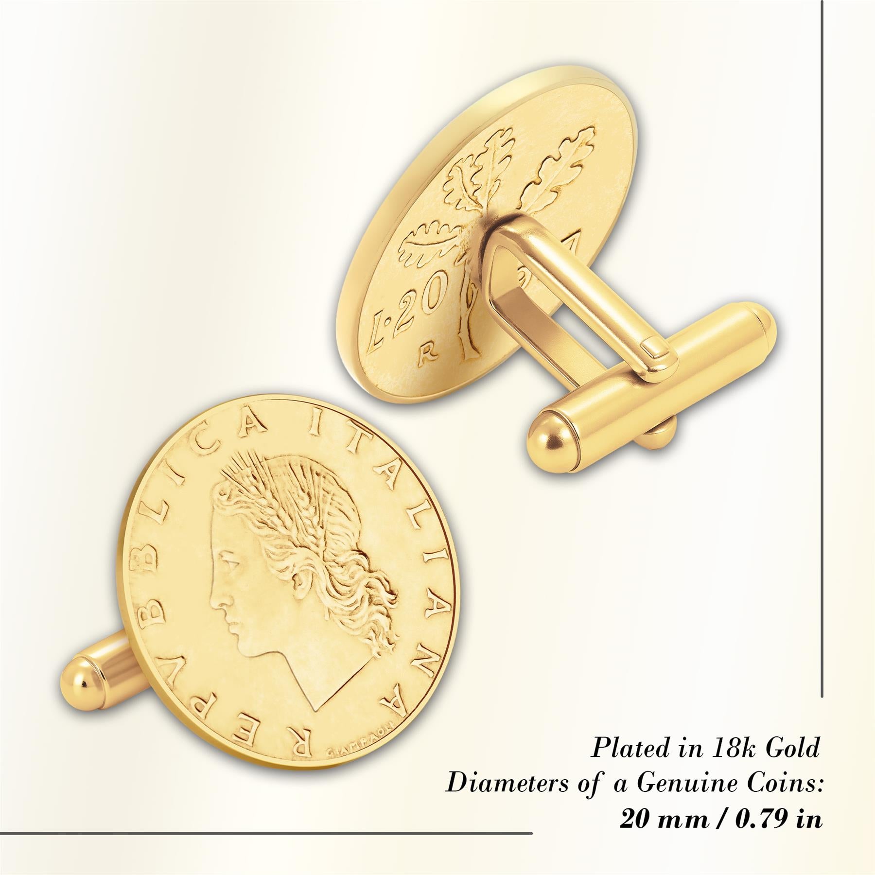 Gold Plated Italian 20 Lire Coin Cufflinks | Oak Branch Design | Vintage Italy Gift
