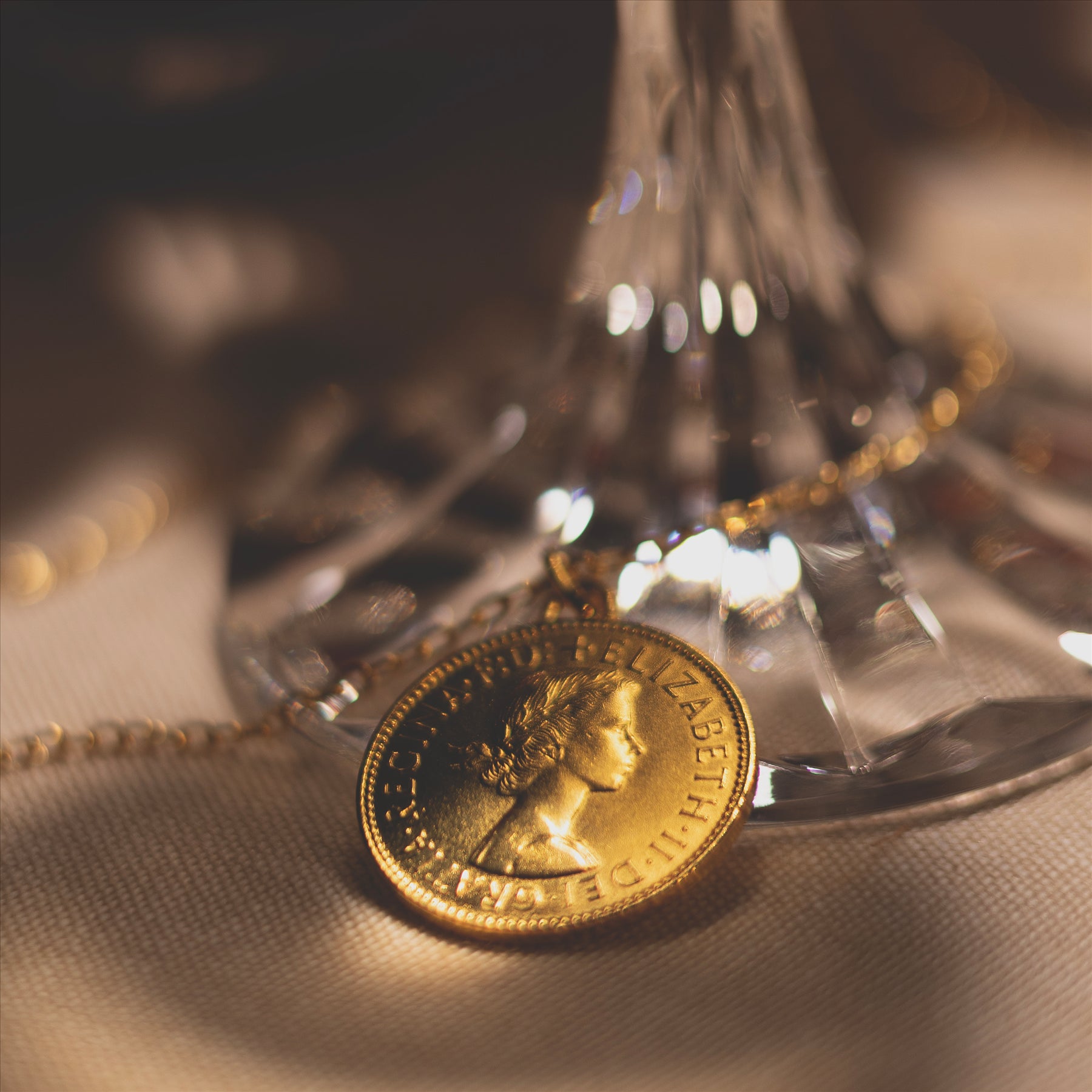British Coin Necklace | Medallion Pendant Jewelry | 18K Gold Plated 1/2 Penny | Queen Elizabeth II | 1954 - 1970