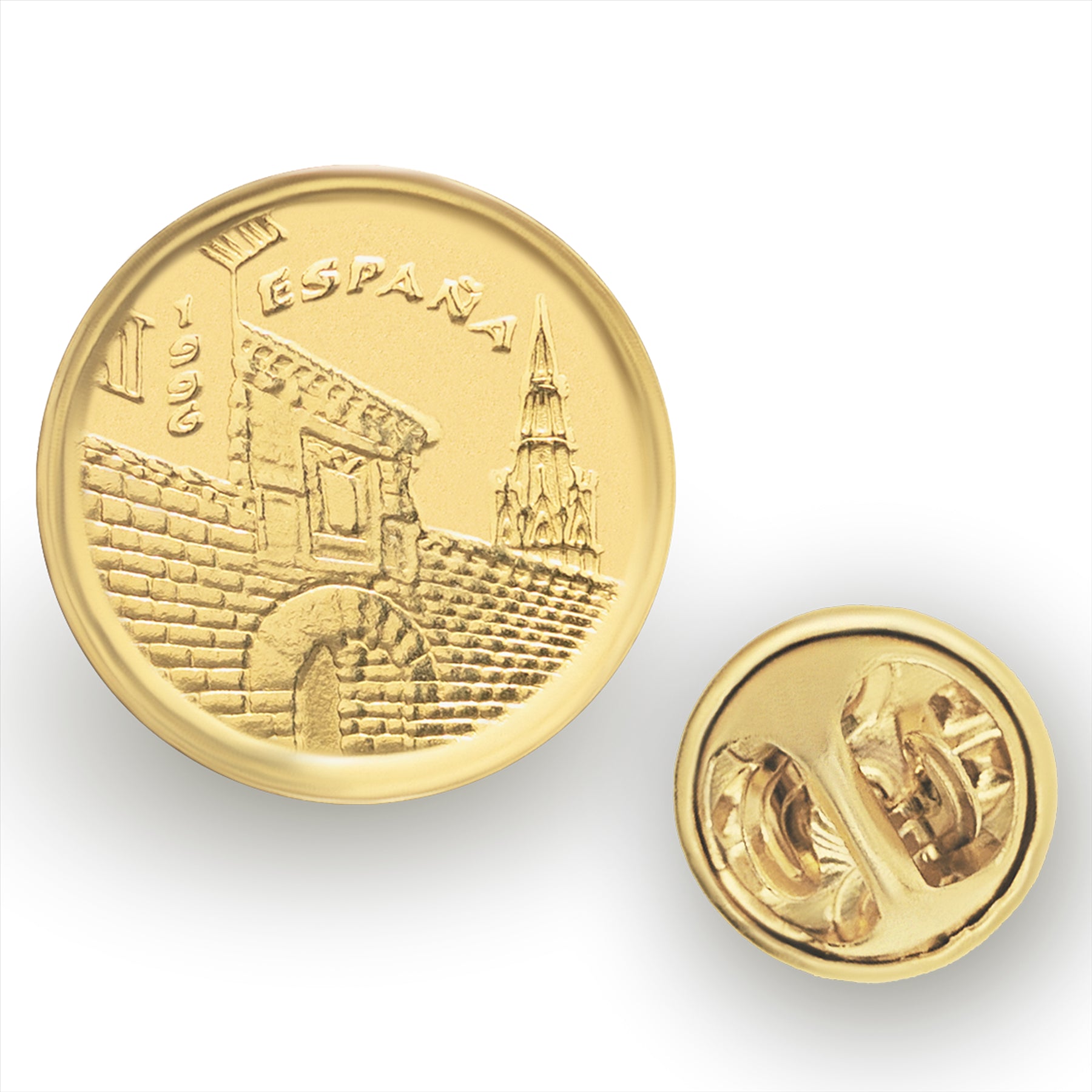 Broche-épingle en forme de pièce de monnaie espagnole | Bijoux vintage de collection | 5 pesetas plaquées or 18 carats | Porte de Charles Quint | 1996 | Renaissance espagnole et grandes réalisations historiques