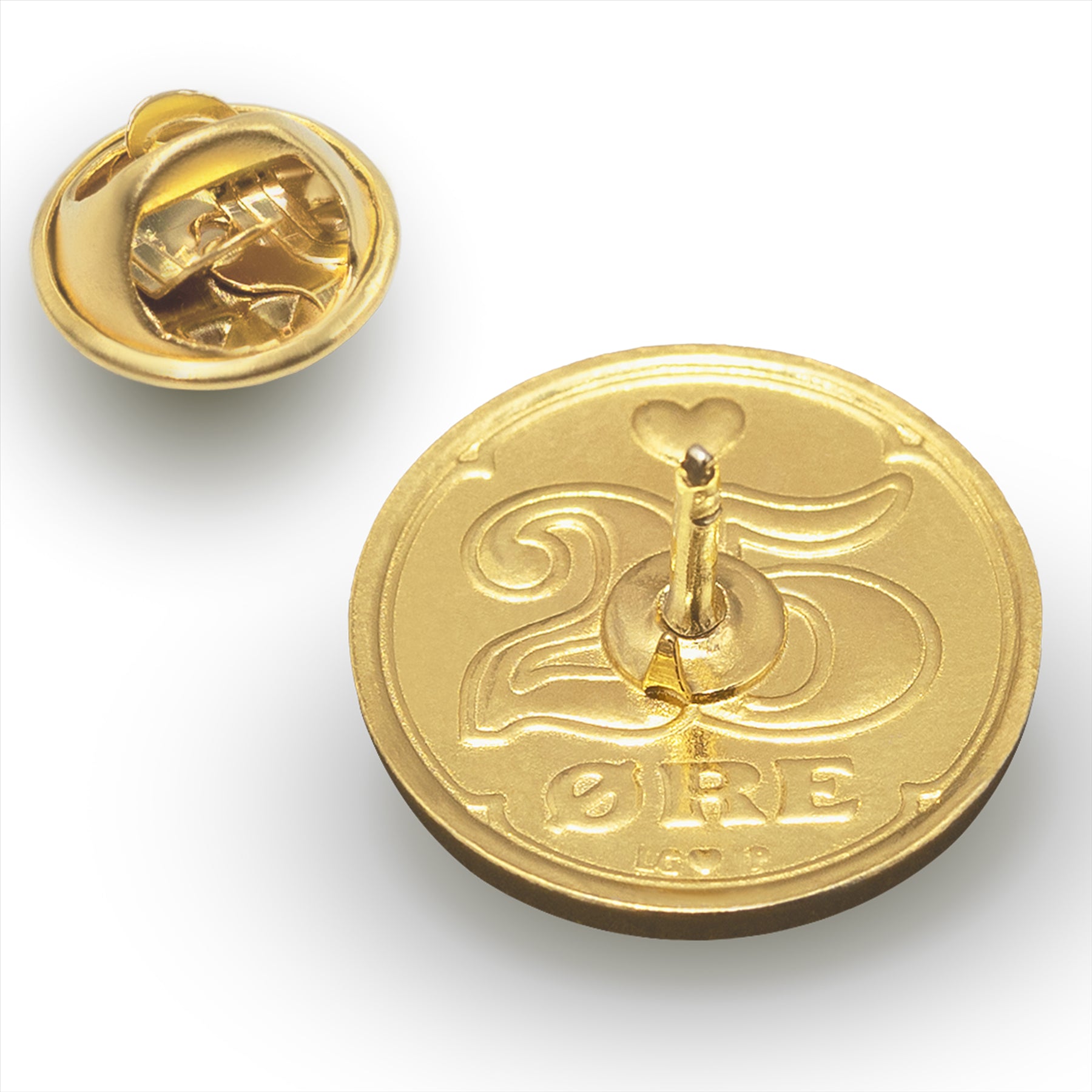 Denmark Coin Pin Brooch Badge | Vintage Collectible Jewelry | 25 Ore 18K Gold Plated | Danish Queen Crown Love Heart
