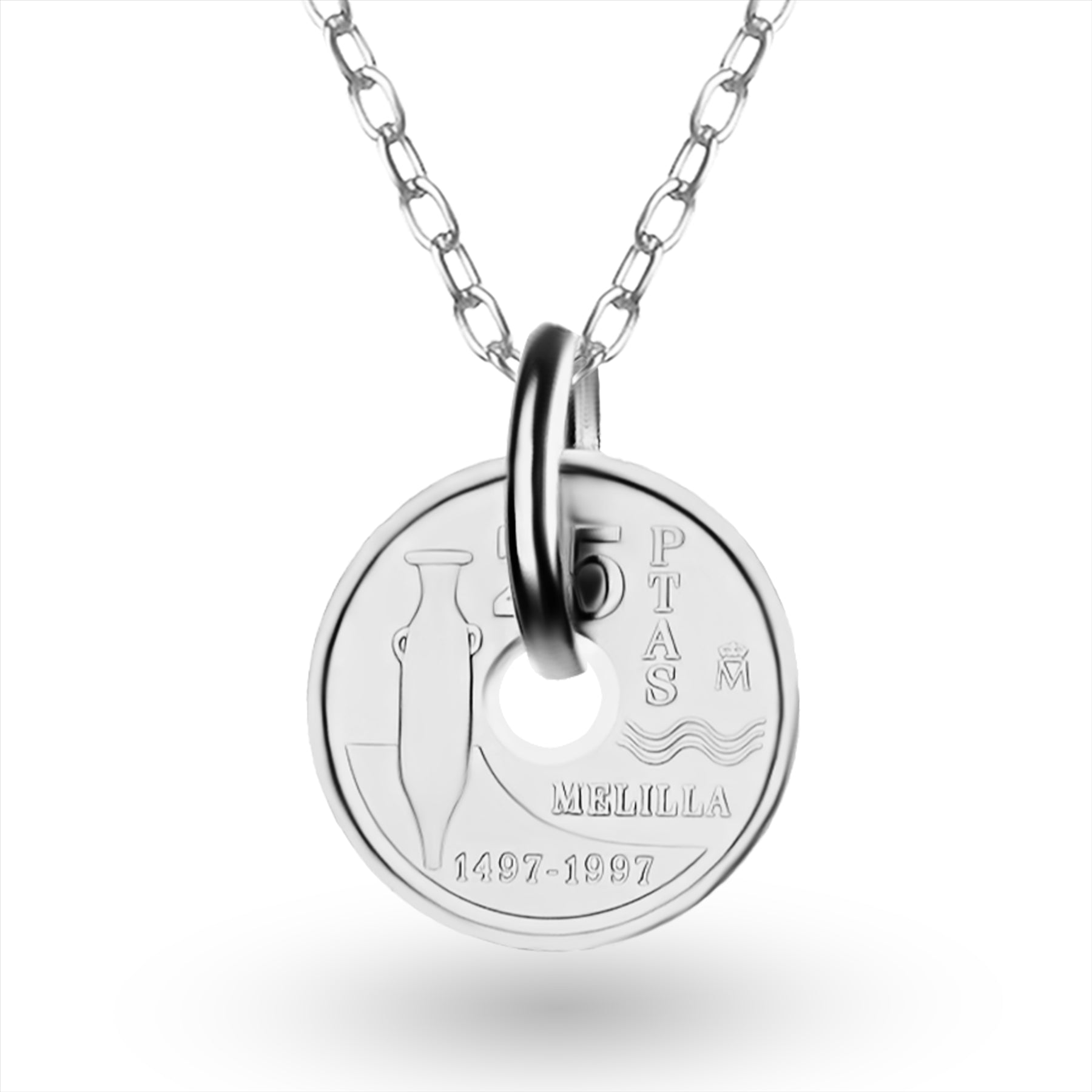 Collier avec pièce de monnaie espagnole | Pendentif médaillon | 25 pesetas plaquées rhodium | Melilla | 1997