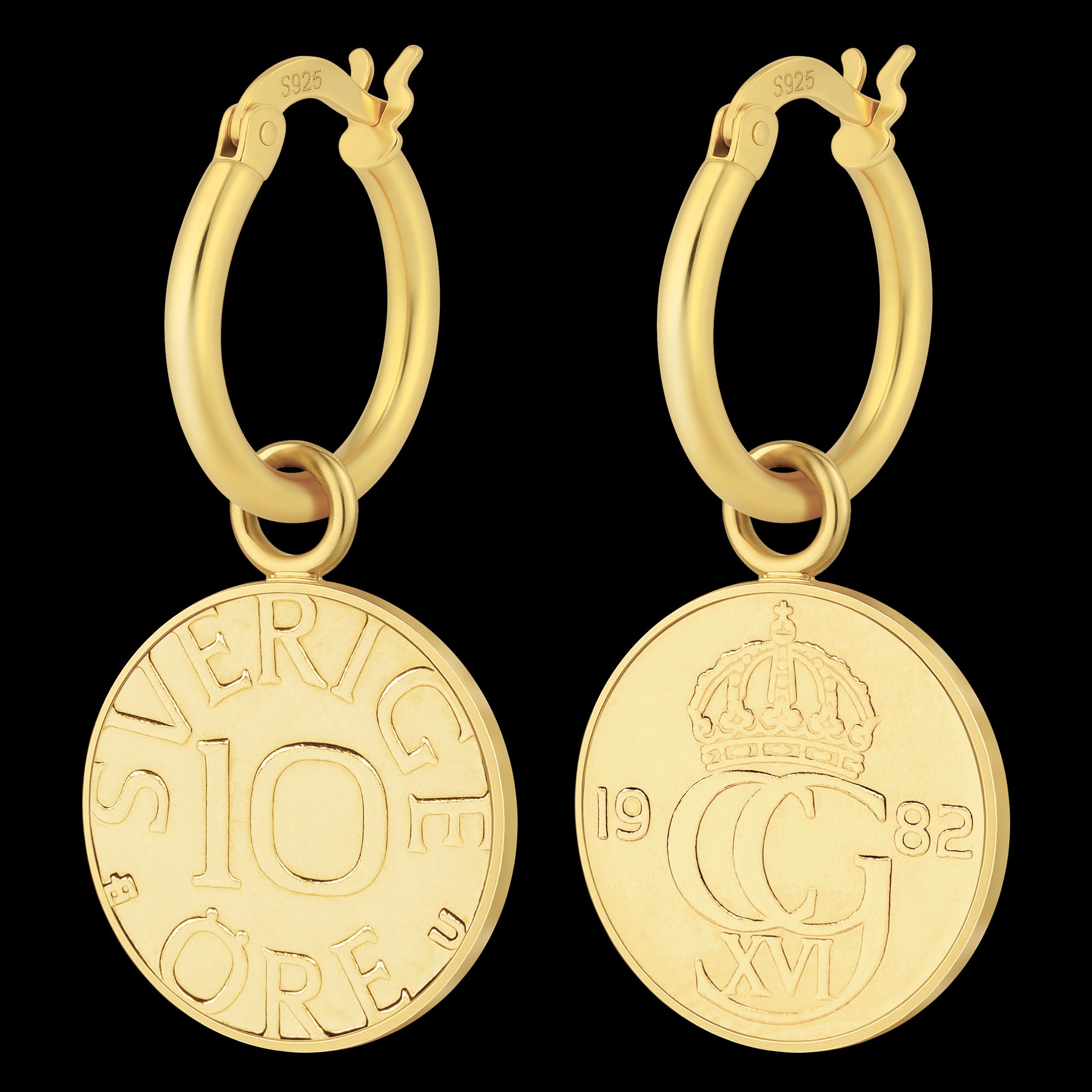Silver Hoop Earrings | Swedish 10 Ore Coin Charms | 18K Gold Plated